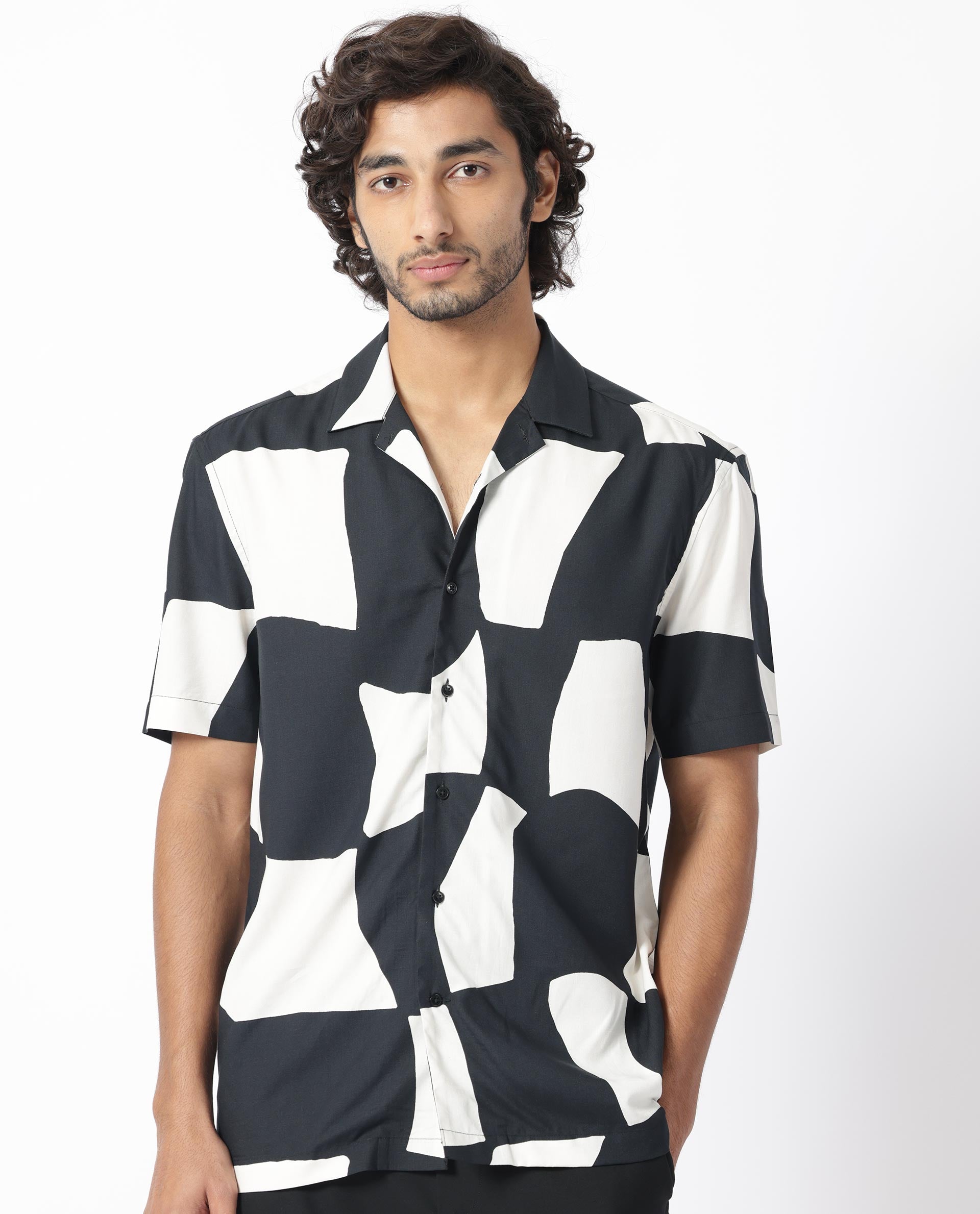Rare Rabbit Men's Olivar Black Viscose Fabric Abstract Print Half Sleeves Shirt