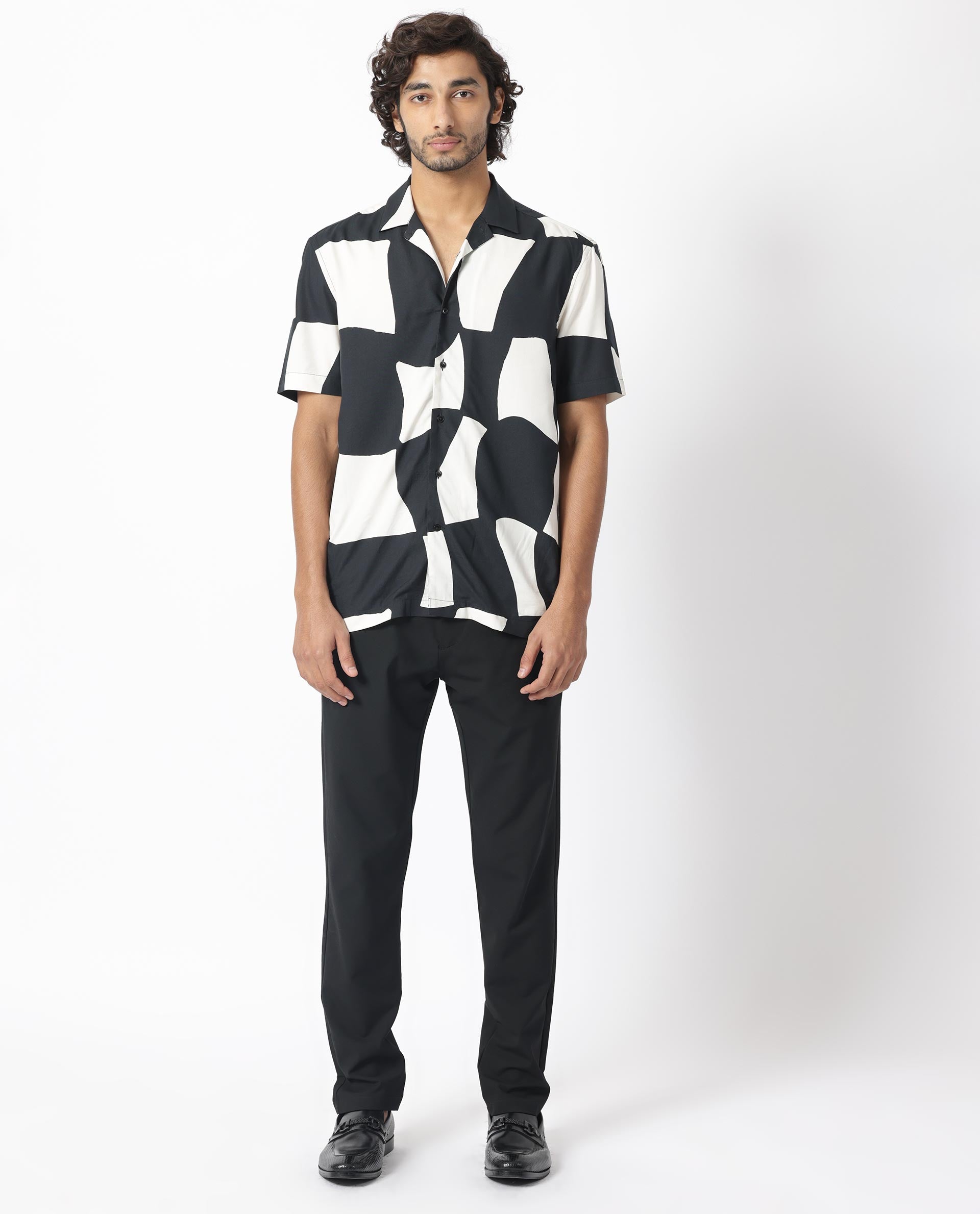 Rare Rabbit Men's Olivar Black Viscose Fabric Abstract Print Half Sleeves Shirt