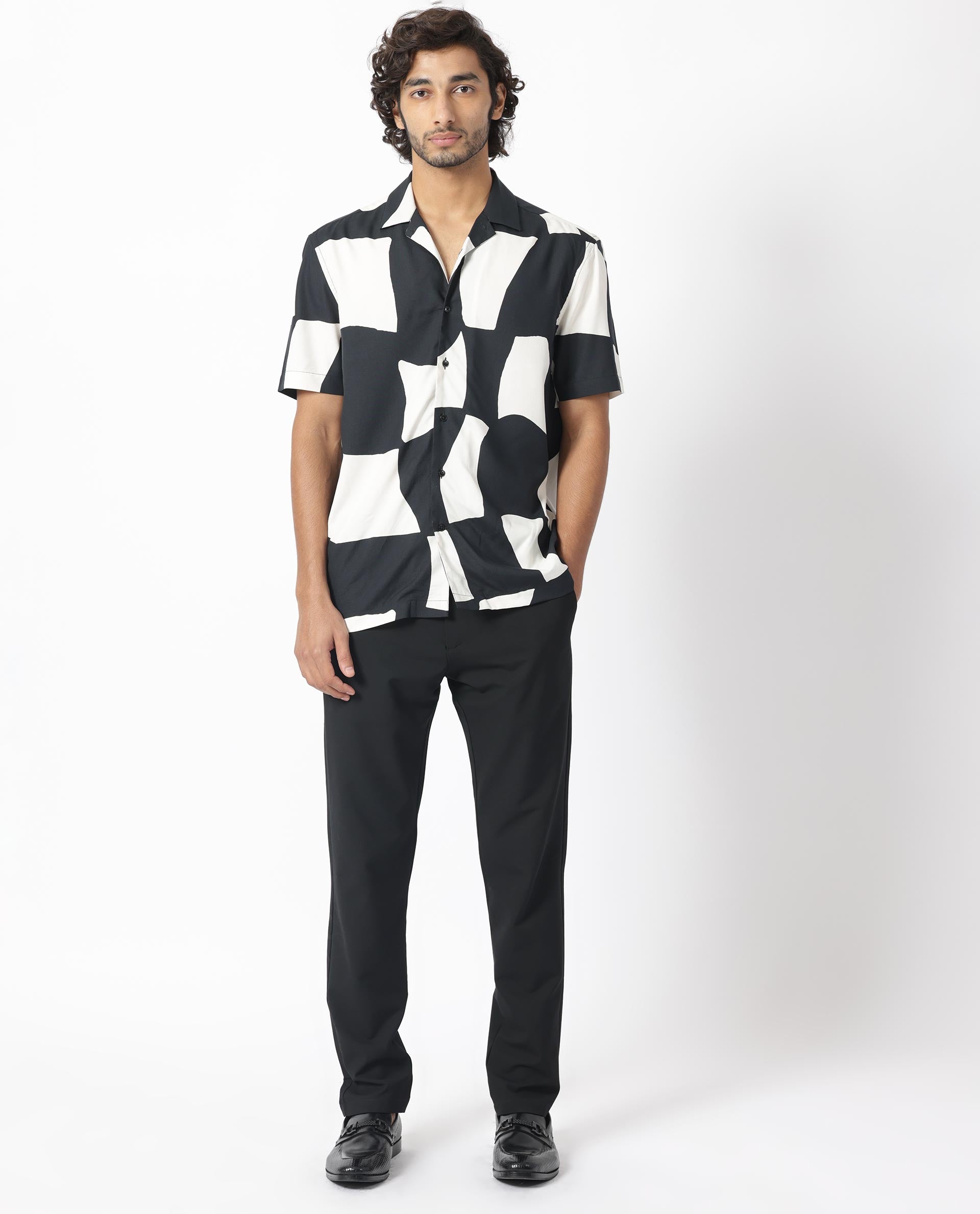 Rare Rabbit Men's Olivar Black Viscose Fabric Abstract Print Half Sleeves Shirt