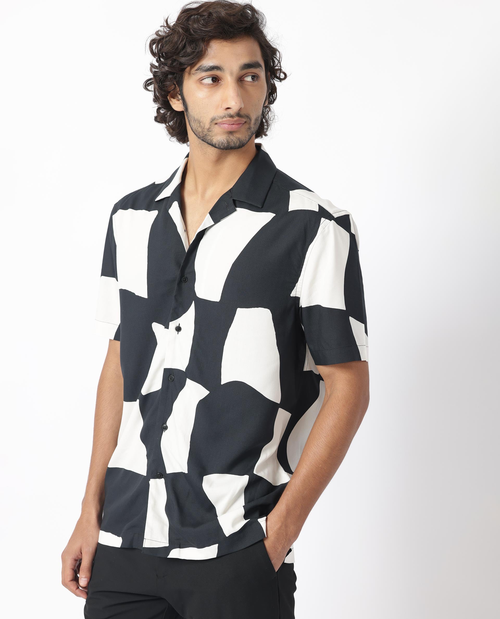 Rare Rabbit Men's Olivar Black Viscose Fabric Abstract Print Half Sleeves Shirt