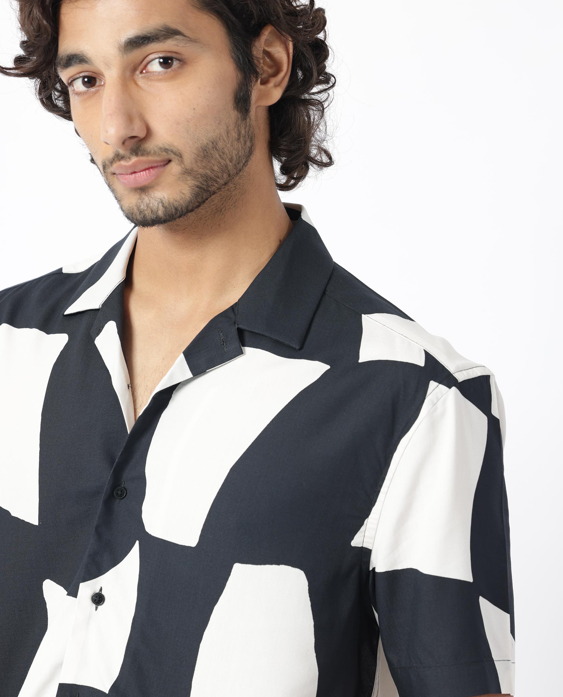 Rare Rabbit Men's Olivar Black Viscose Fabric Abstract Print Half Sleeves Shirt