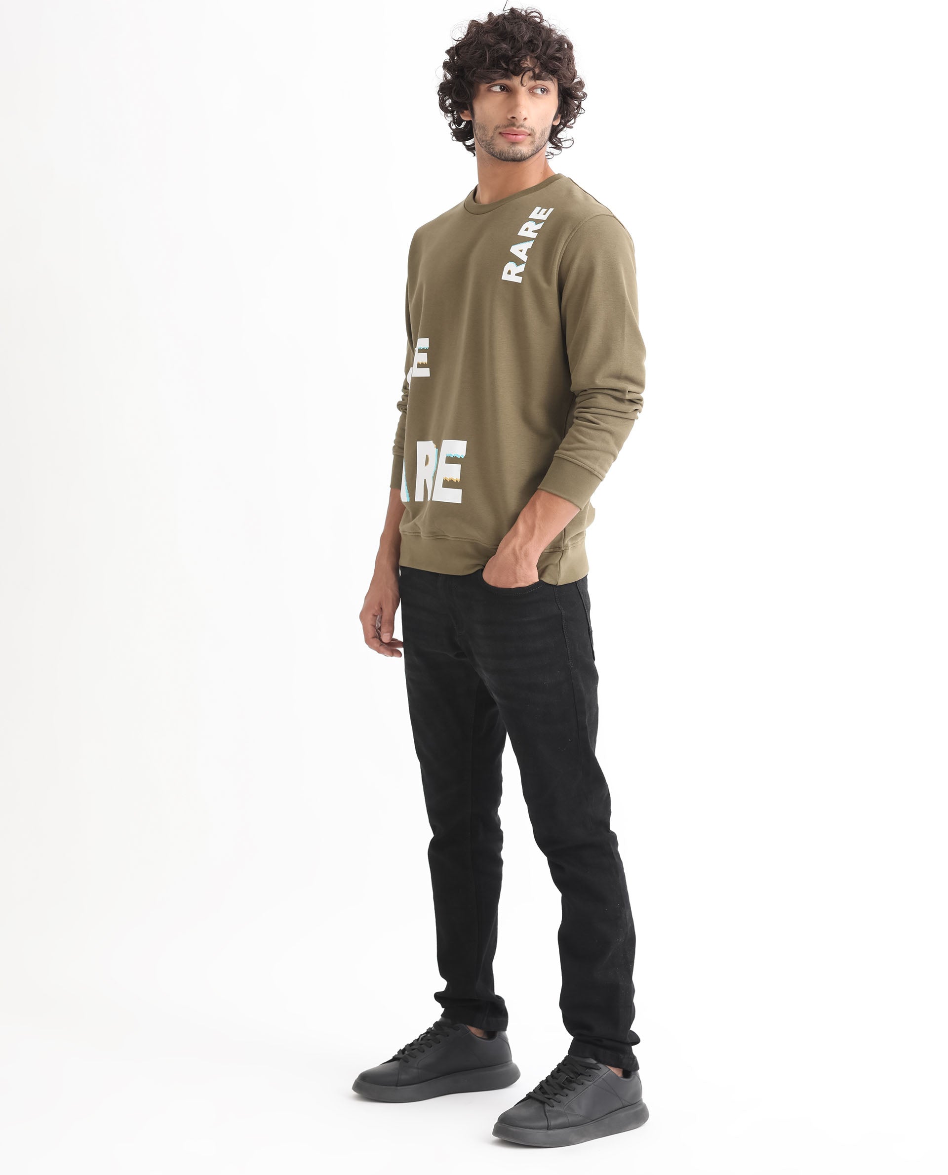 Rare Rabbit Men's Cloviss Olive Cotton Polyester Fabric Full Sleeves Graphic Statement Print Sweatshirt