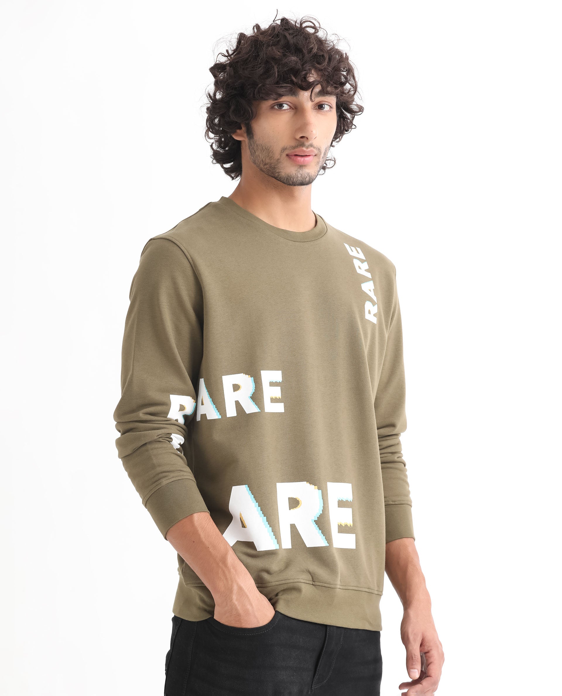 Rare Rabbit Men's Cloviss Olive Cotton Polyester Fabric Full Sleeves Graphic Statement Print Sweatshirt