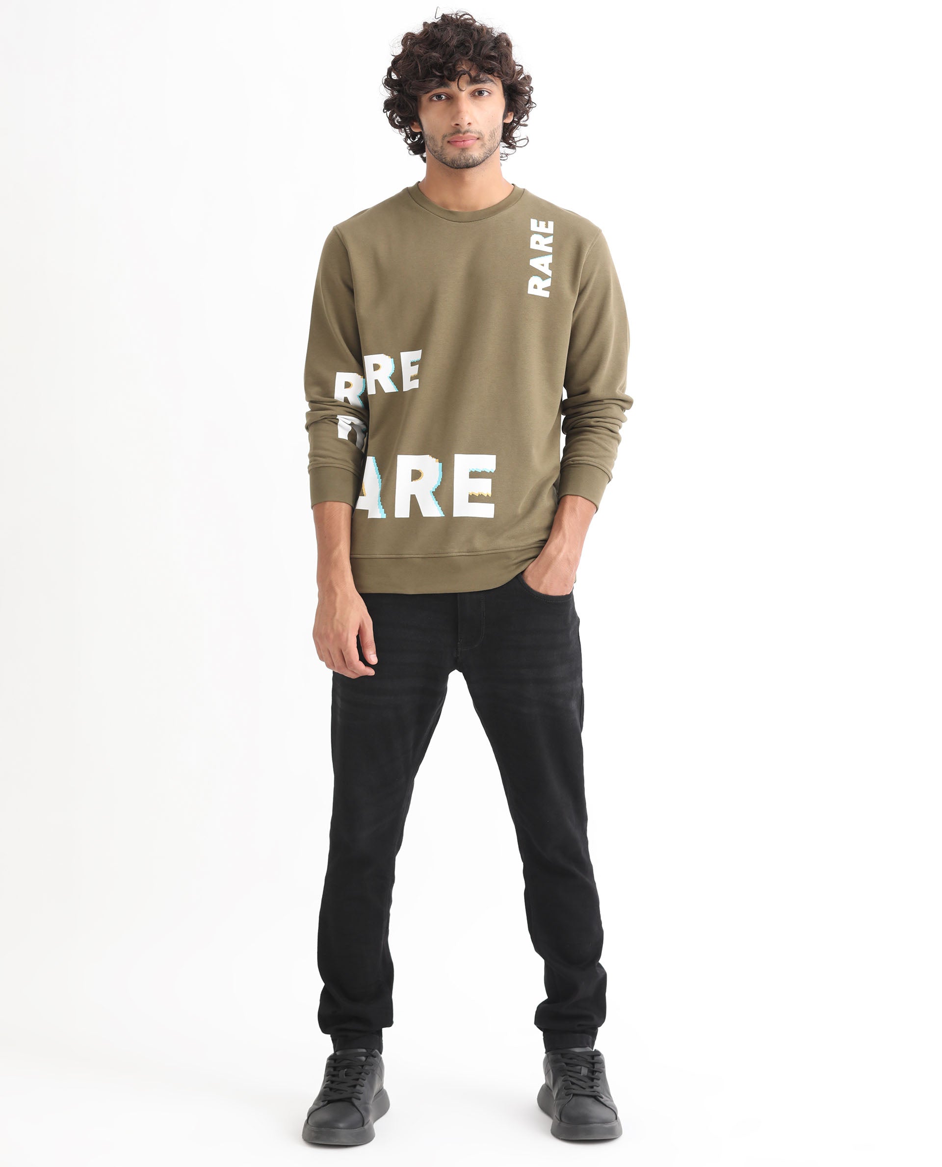 Rare Rabbit Men's Cloviss Olive Cotton Polyester Fabric Full Sleeves Graphic Statement Print Sweatshirt