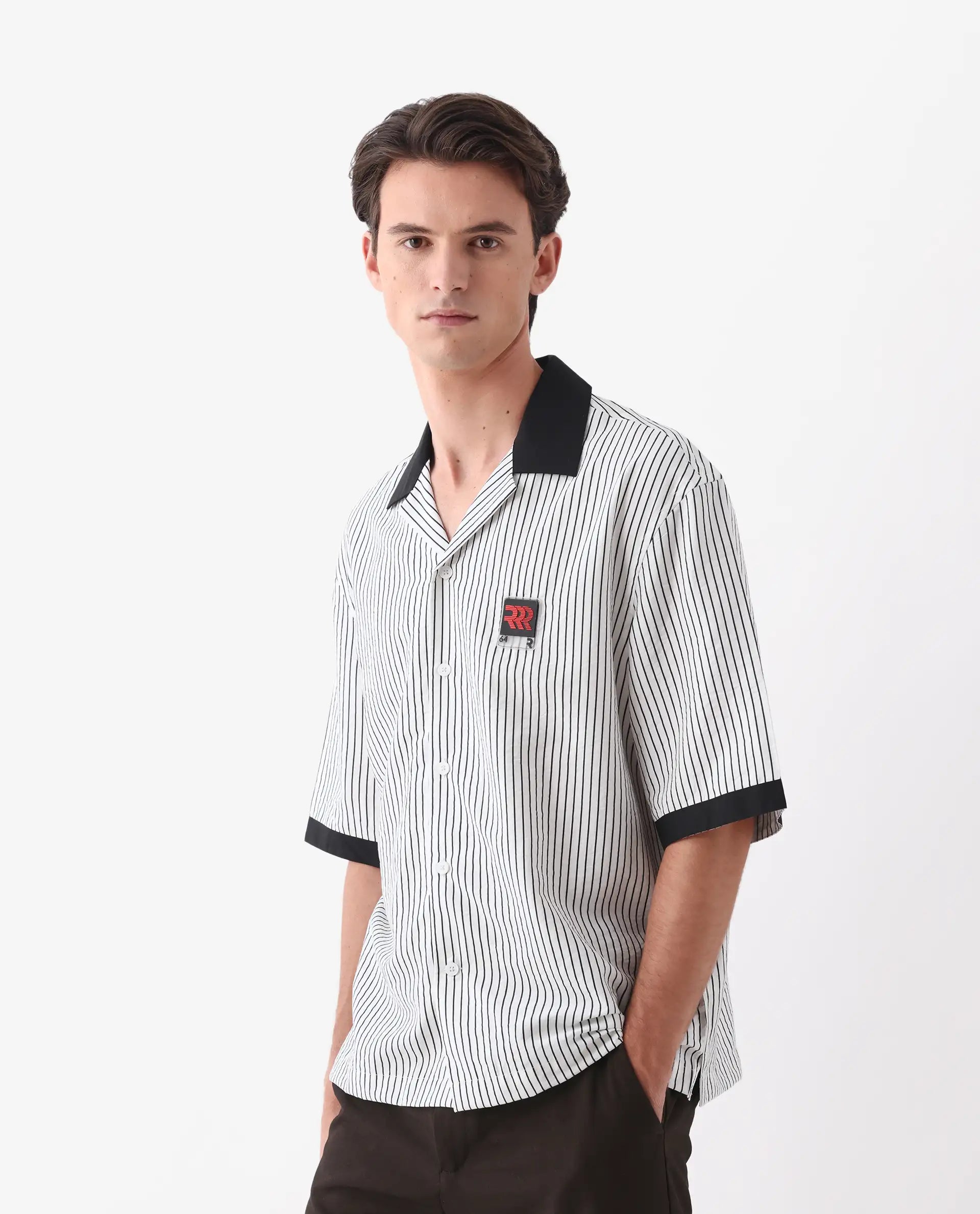 Rare Rabbit Men's Ollie White Viscose Blend Striped Print Boxy Fit Half Sleeve Cuban Collar Shirt