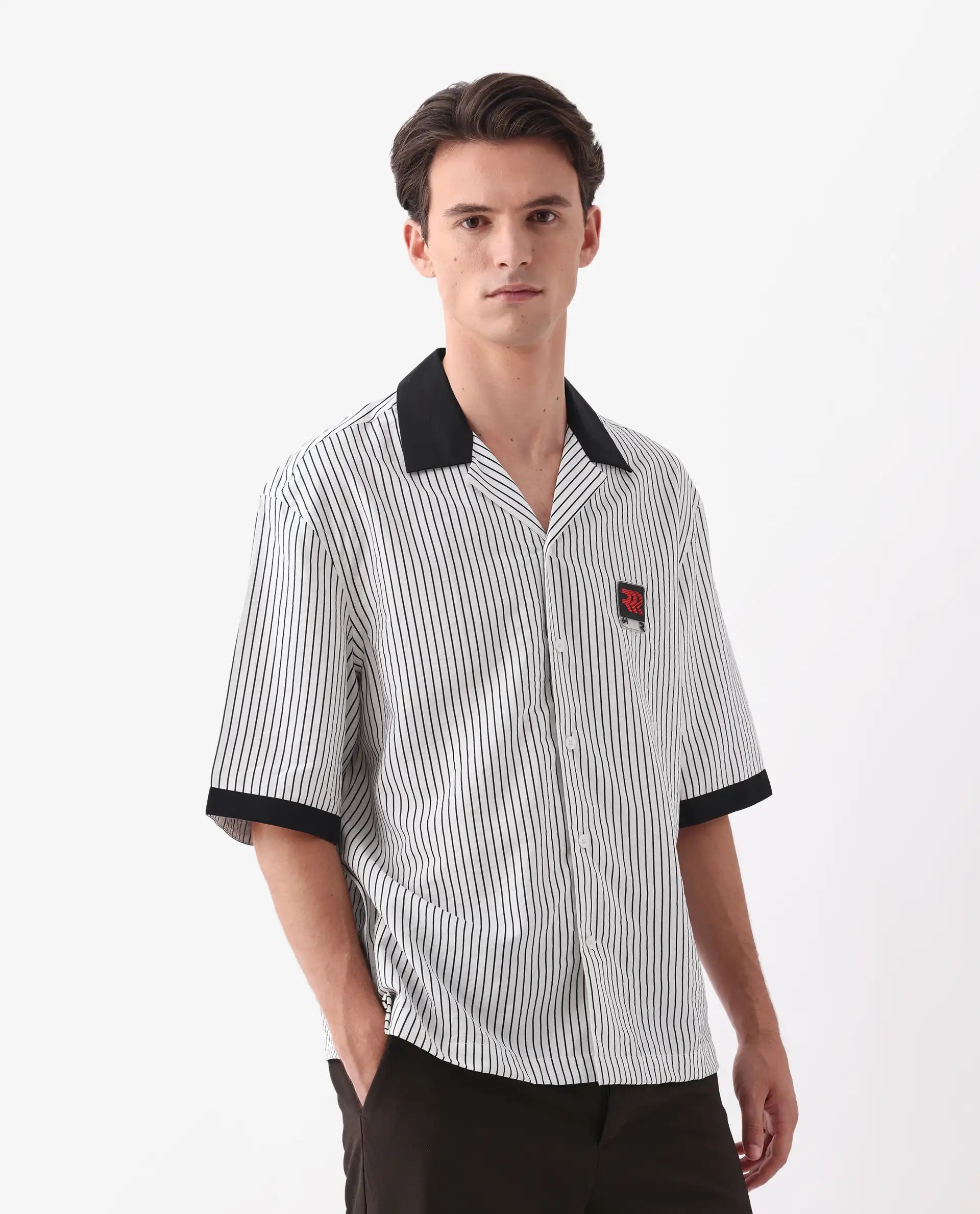 Rare Rabbit Men's Ollie White Viscose Blend Striped Print Boxy Fit Half Sleeve Cuban Collar Shirt