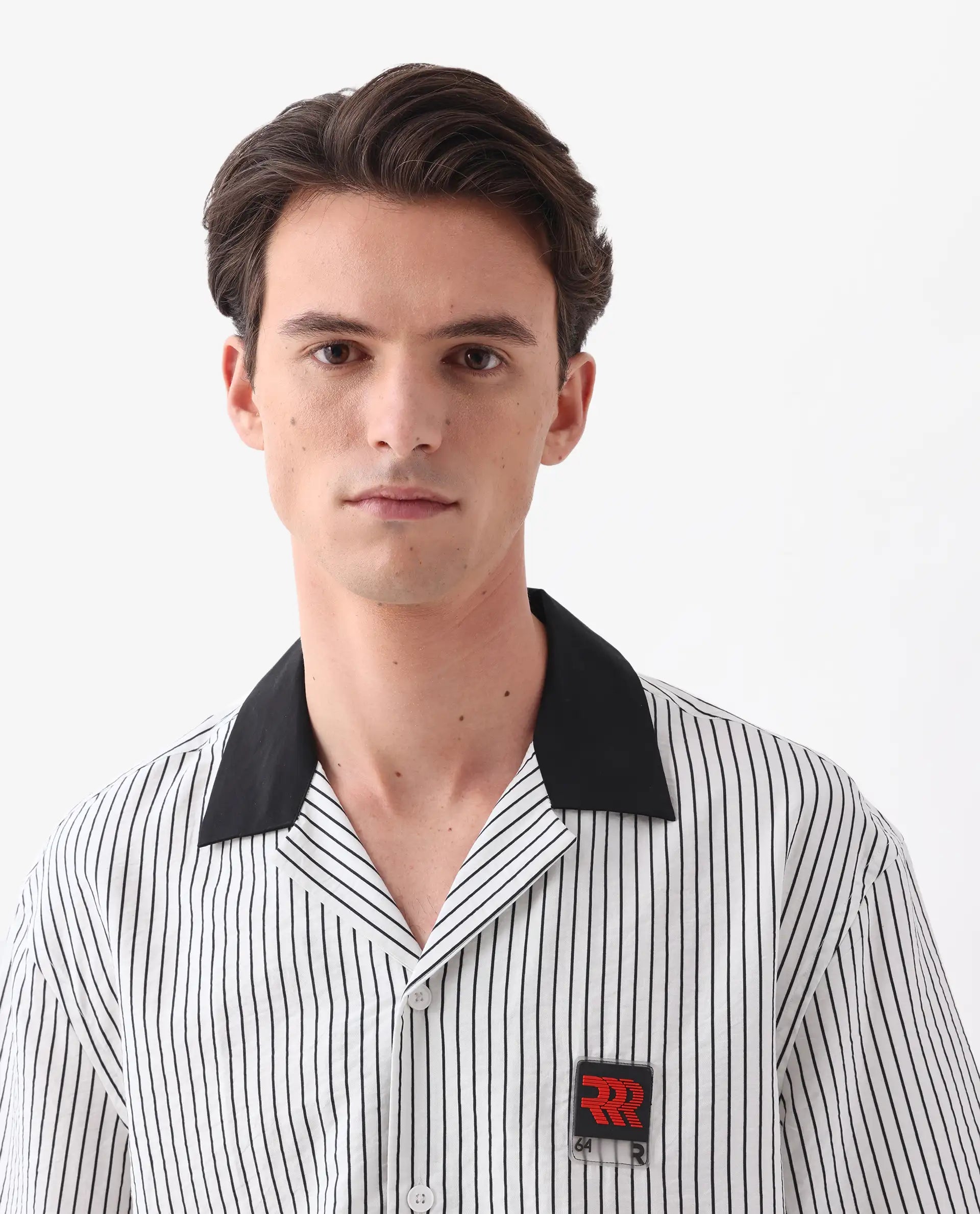 Rare Rabbit Men's Ollie White Viscose Blend Striped Print Boxy Fit Half Sleeve Cuban Collar Shirt