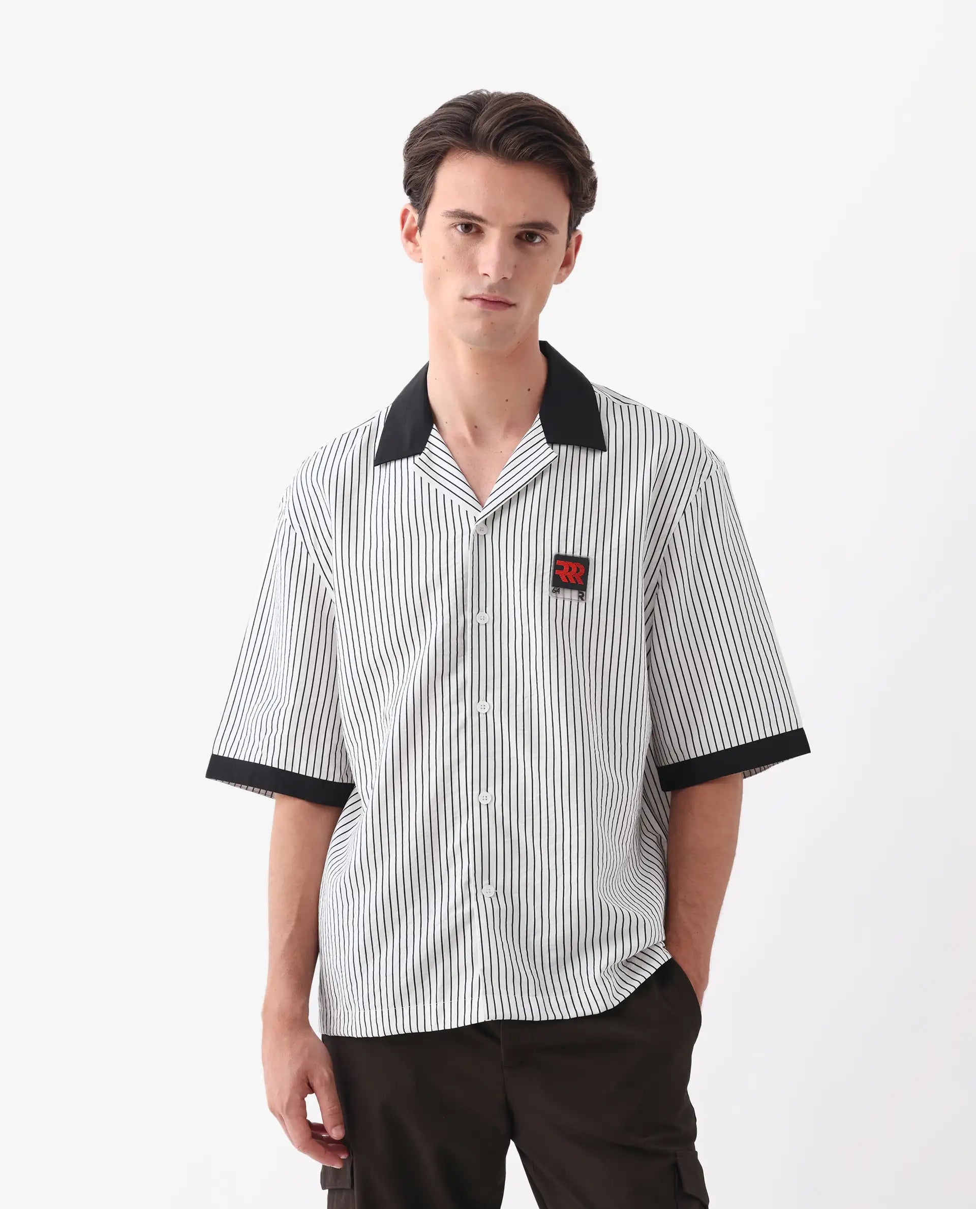 Rare Rabbit Men's Ollie White Viscose Blend Striped Print Boxy Fit Half Sleeve Cuban Collar Shirt