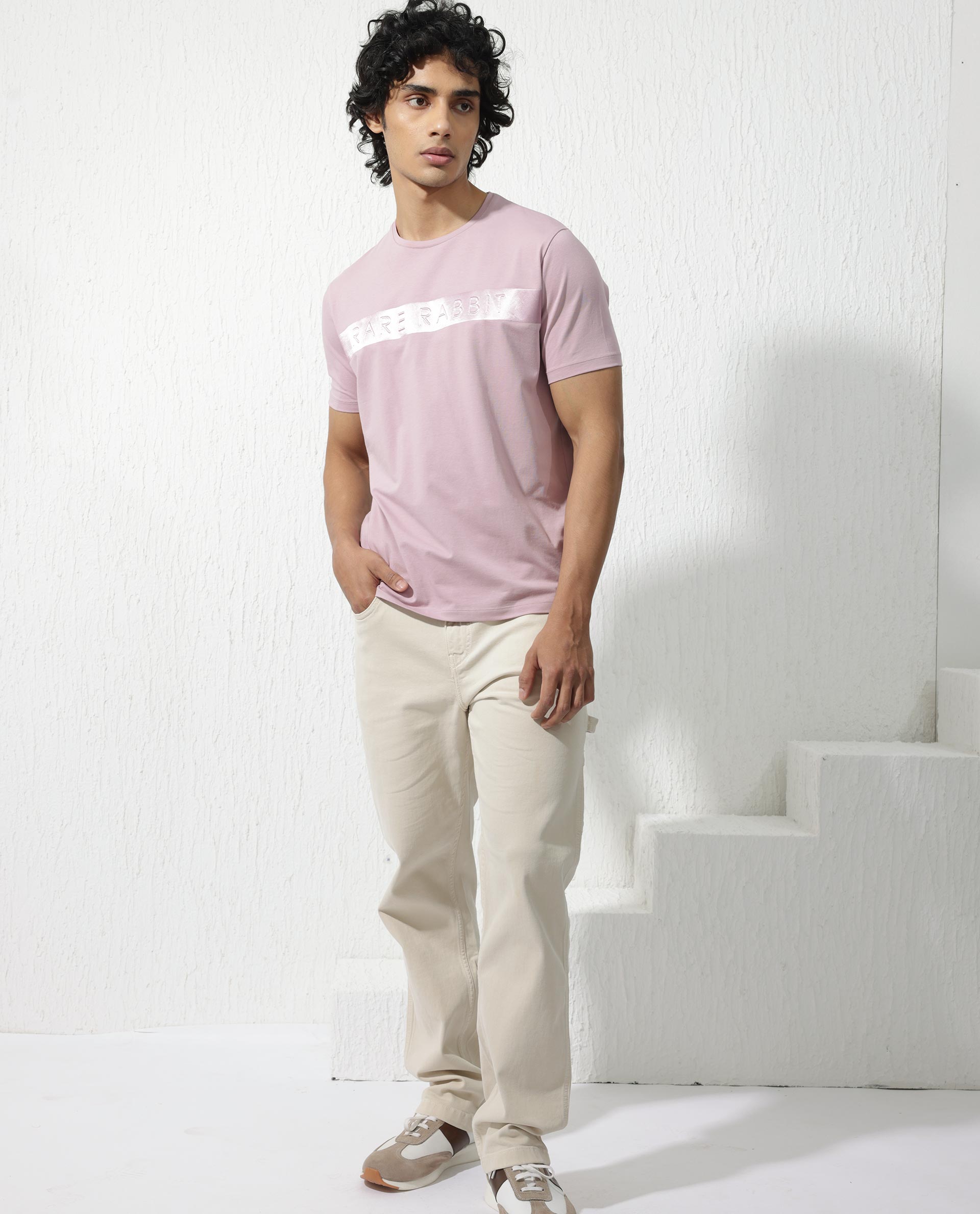 Rare Rabbit Mens Olios Light Pink Cotton Fabric Short Sleeve Crew Neck Satin Print T-Shirt