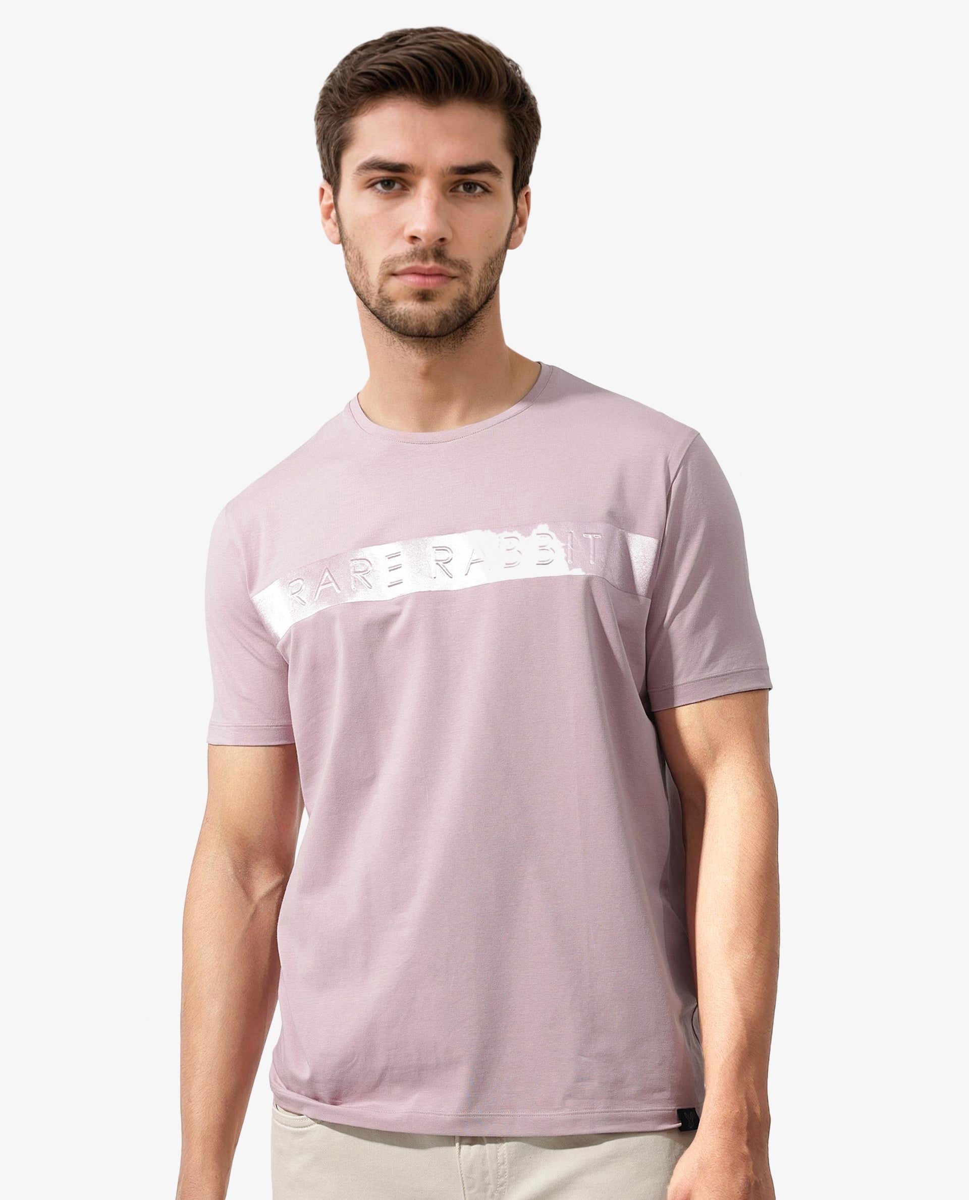 Rare Rabbit Mens Olios Light Pink Cotton Fabric Short Sleeve Crew Neck Satin Print T-Shirt