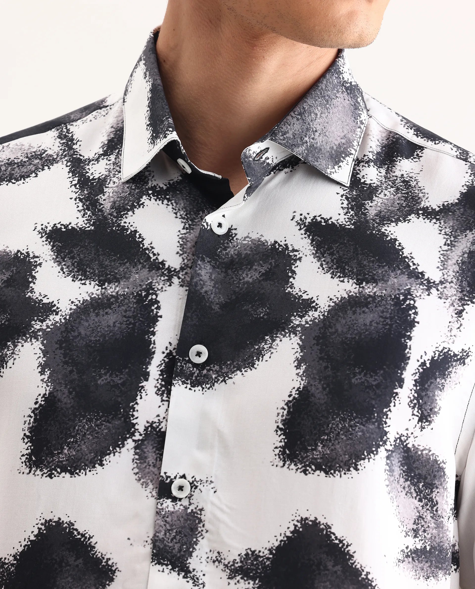 Rare Rabbit Men's Olsa White Viscose Fabric Collared Neck Regular Printed Shirt