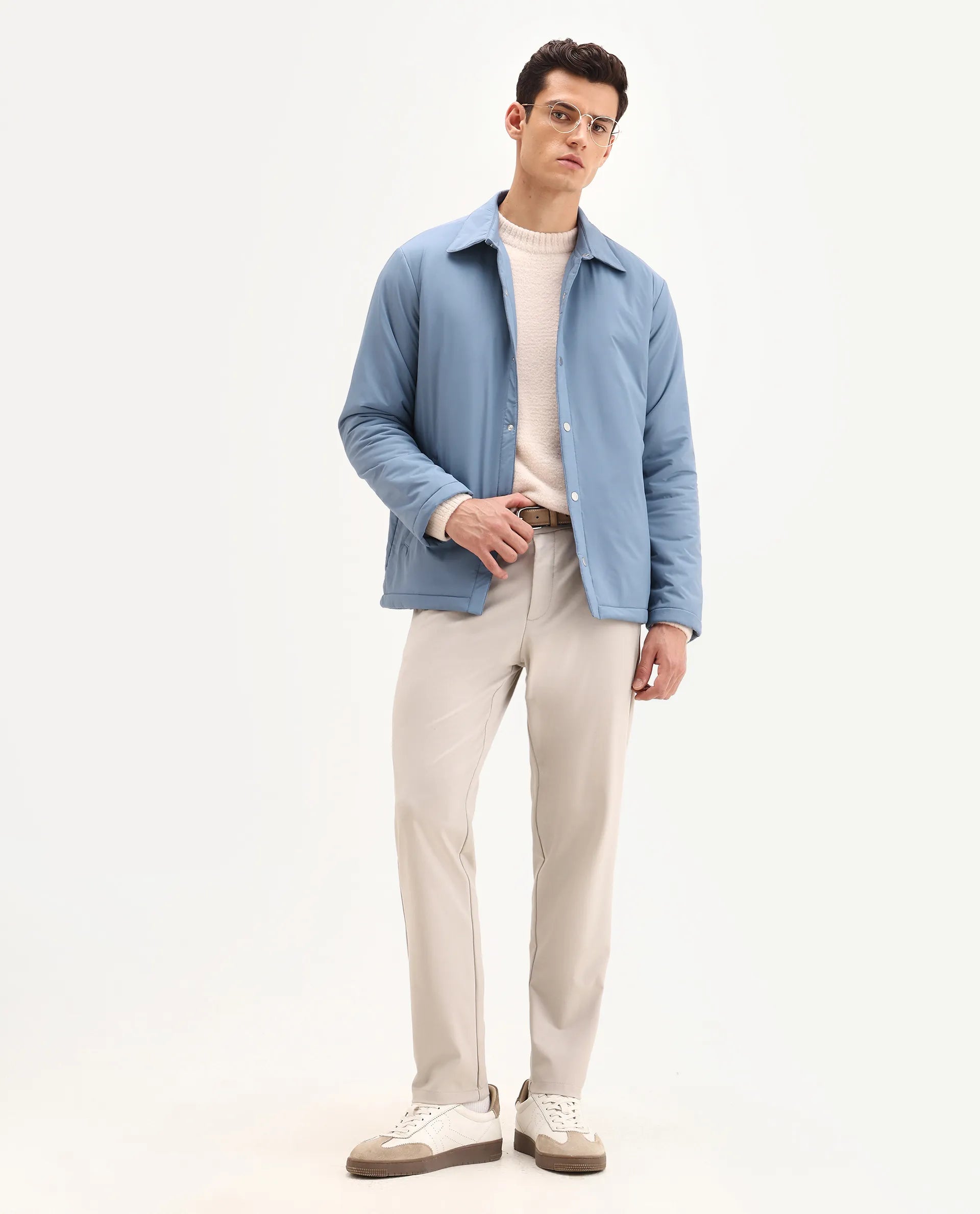 Rare Rabbit Men's Olva Dusky Blue Polyester Fabric Collared Neck Regular Plain Jacket