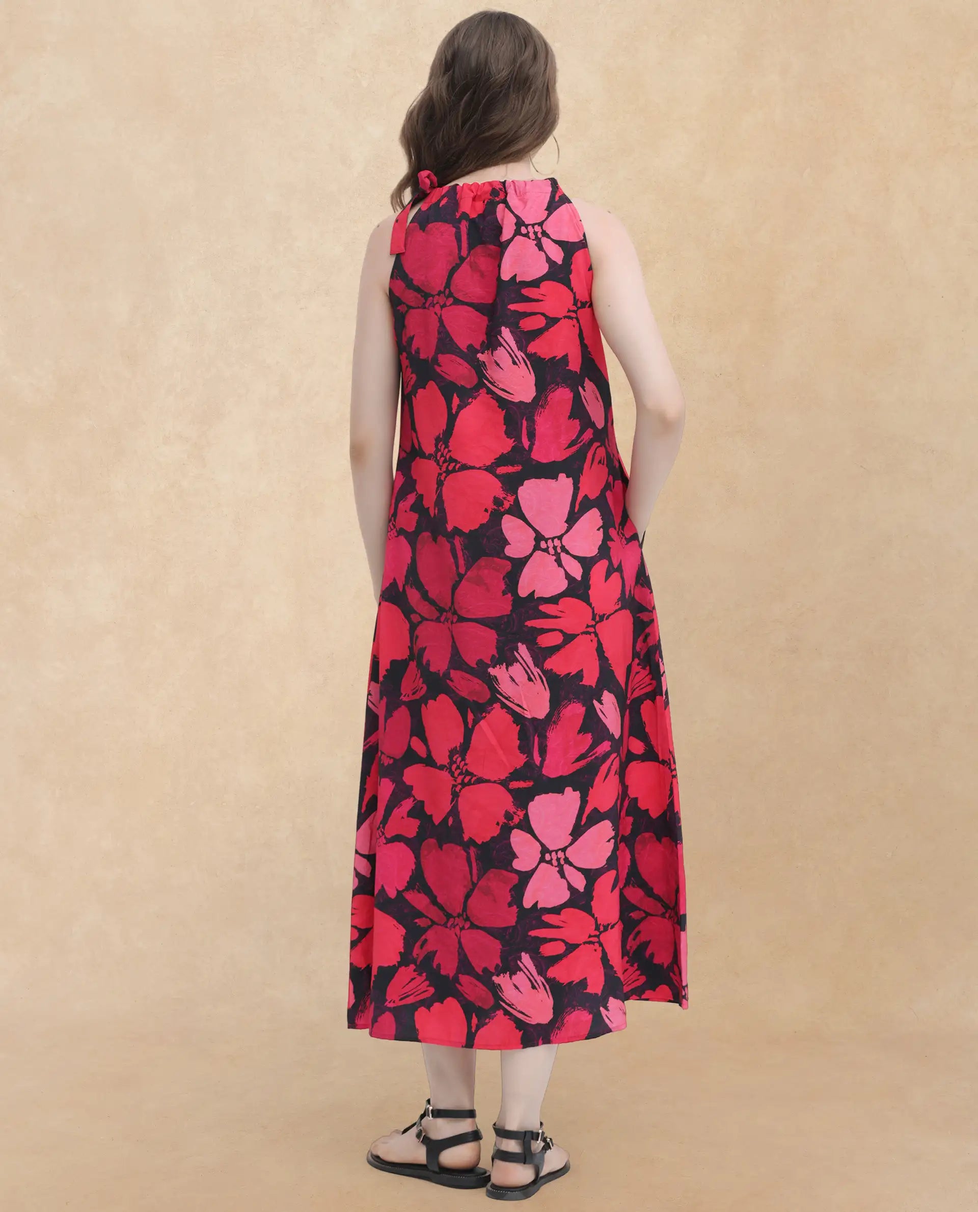 Rareism Women Olya Multi Rayon Nylon Fabric Tie-Up Closure Halter Neck Sleeveless Regular Fit Floral Print Maxi A-Line Dress