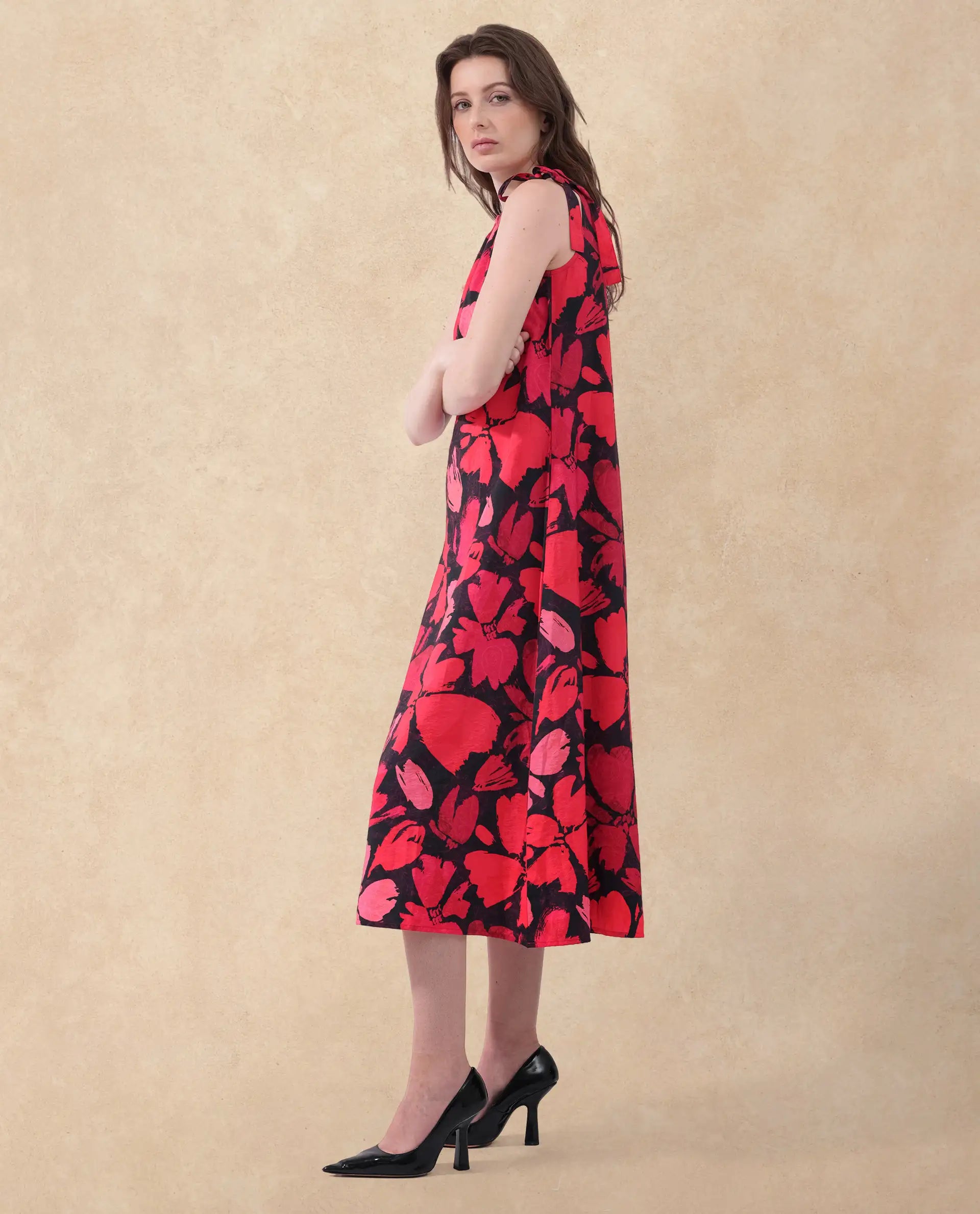 Rareism Women Olya Multi Rayon Nylon Fabric Tie-Up Closure Halter Neck Sleeveless Regular Fit Floral Print Maxi A-Line Dress