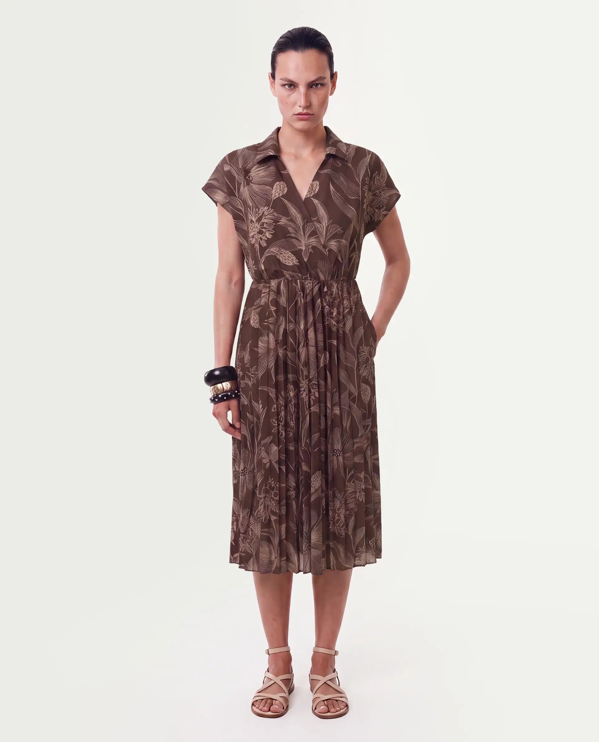 Rareism Women's Omag Dark Brown Polyester Pull-On Wrap Floral Print Dress