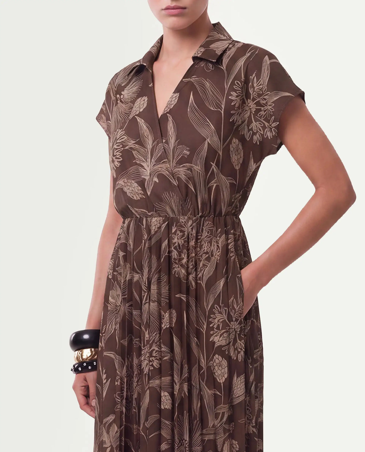 Rareism Women's Omag Dark Brown Polyester Pull-On Wrap Floral Print Dress