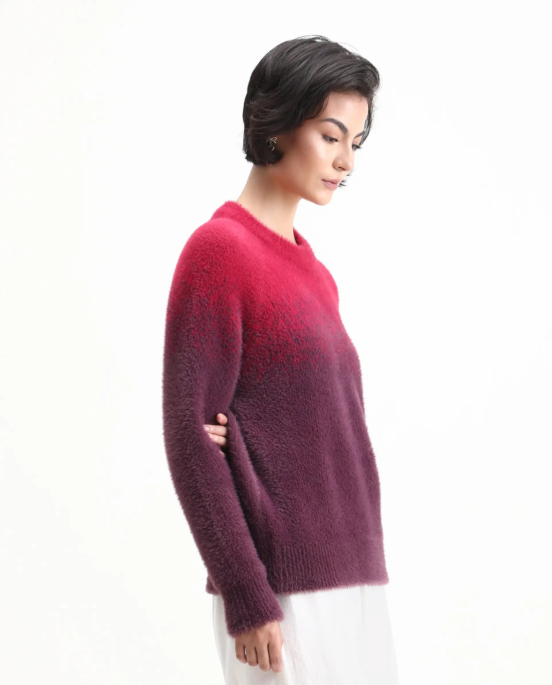 Rareism Women's Omber Dark Red Nylon Crew Neck Ombre Raglan Sleeve Relaxed Fit Sweater