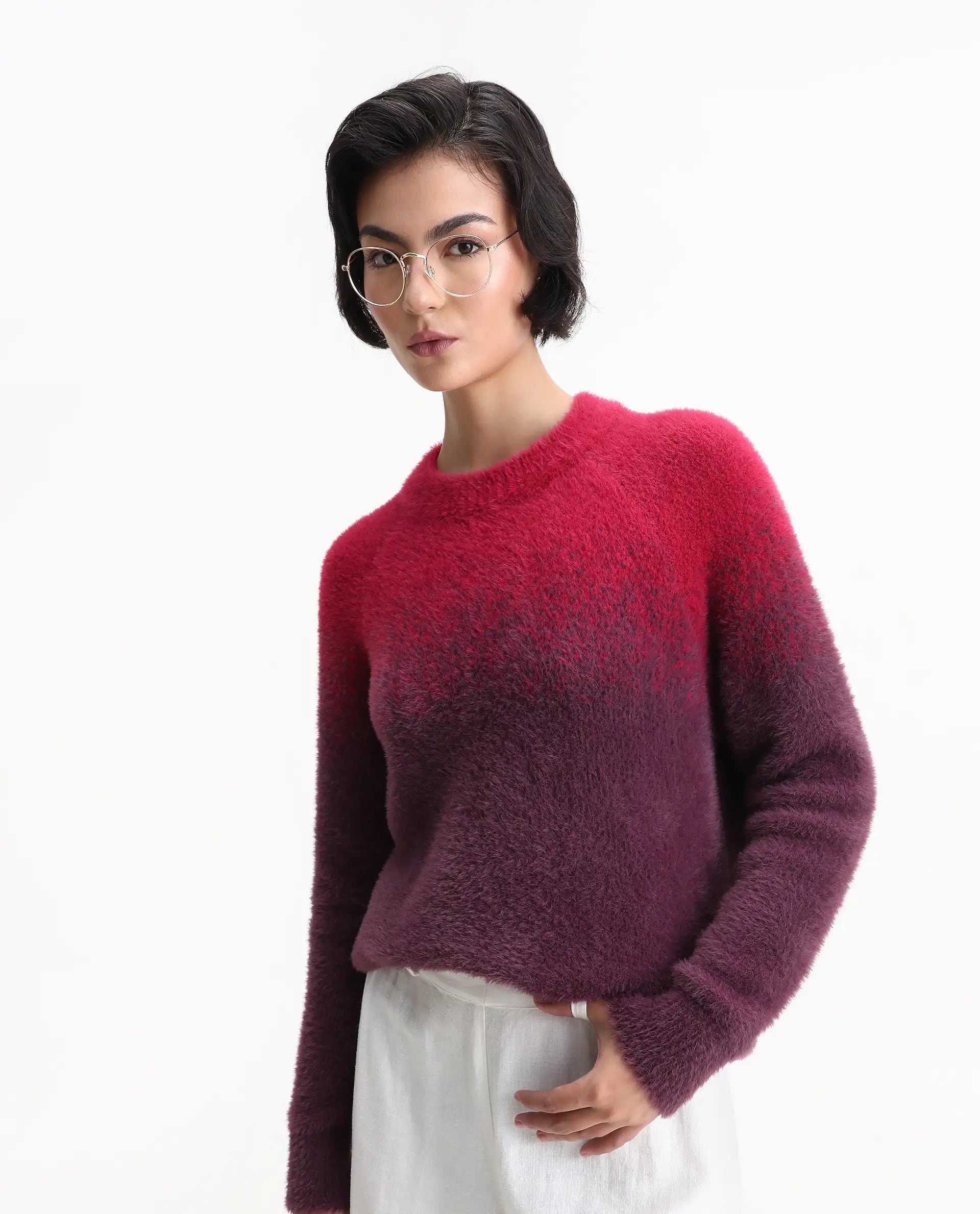 Rareism Women's Omber Dark Red Nylon Crew Neck Ombre Raglan Sleeve Relaxed Fit Sweater