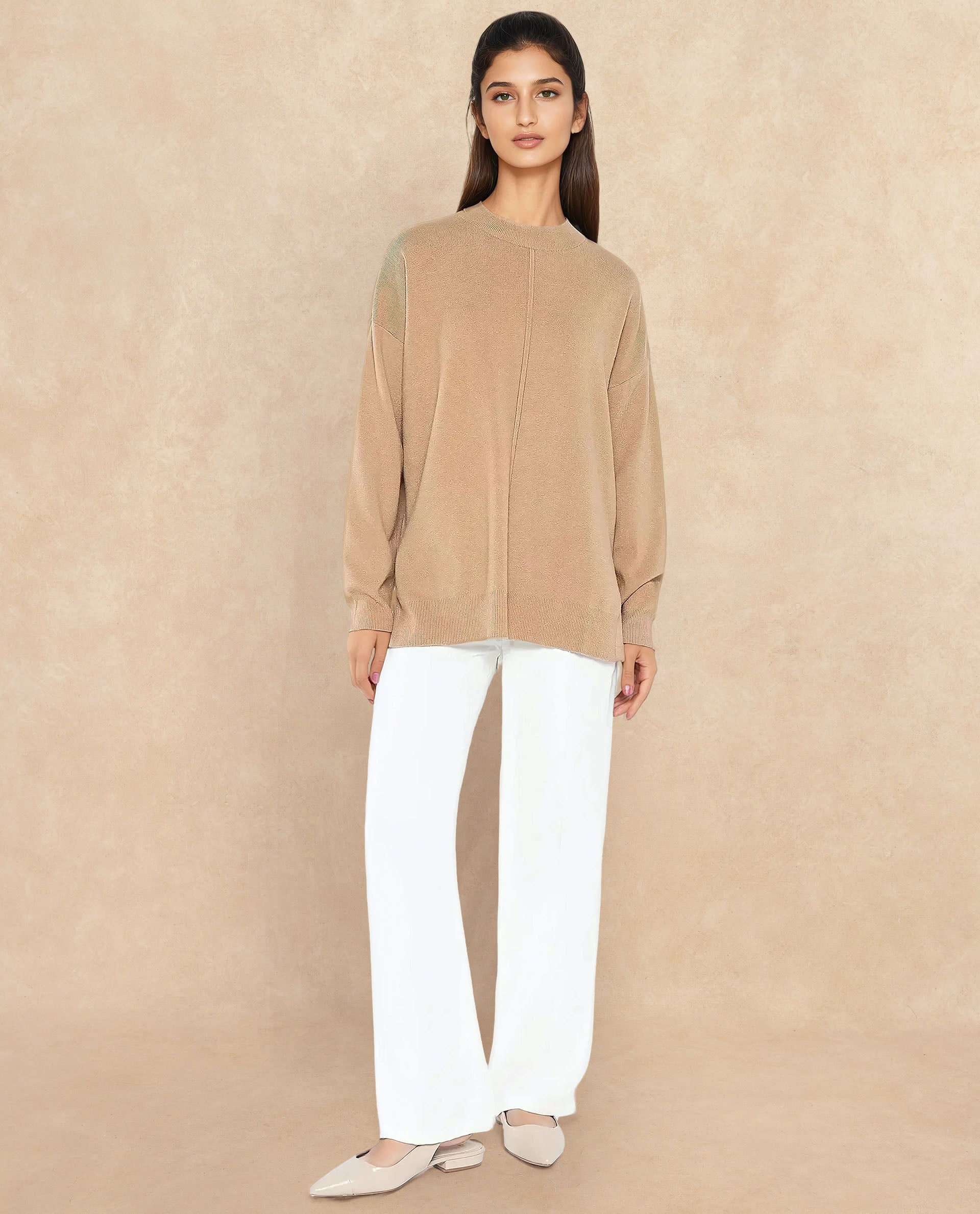Rareism Women Omerli T Beige Oversized Fit Plain Sweater