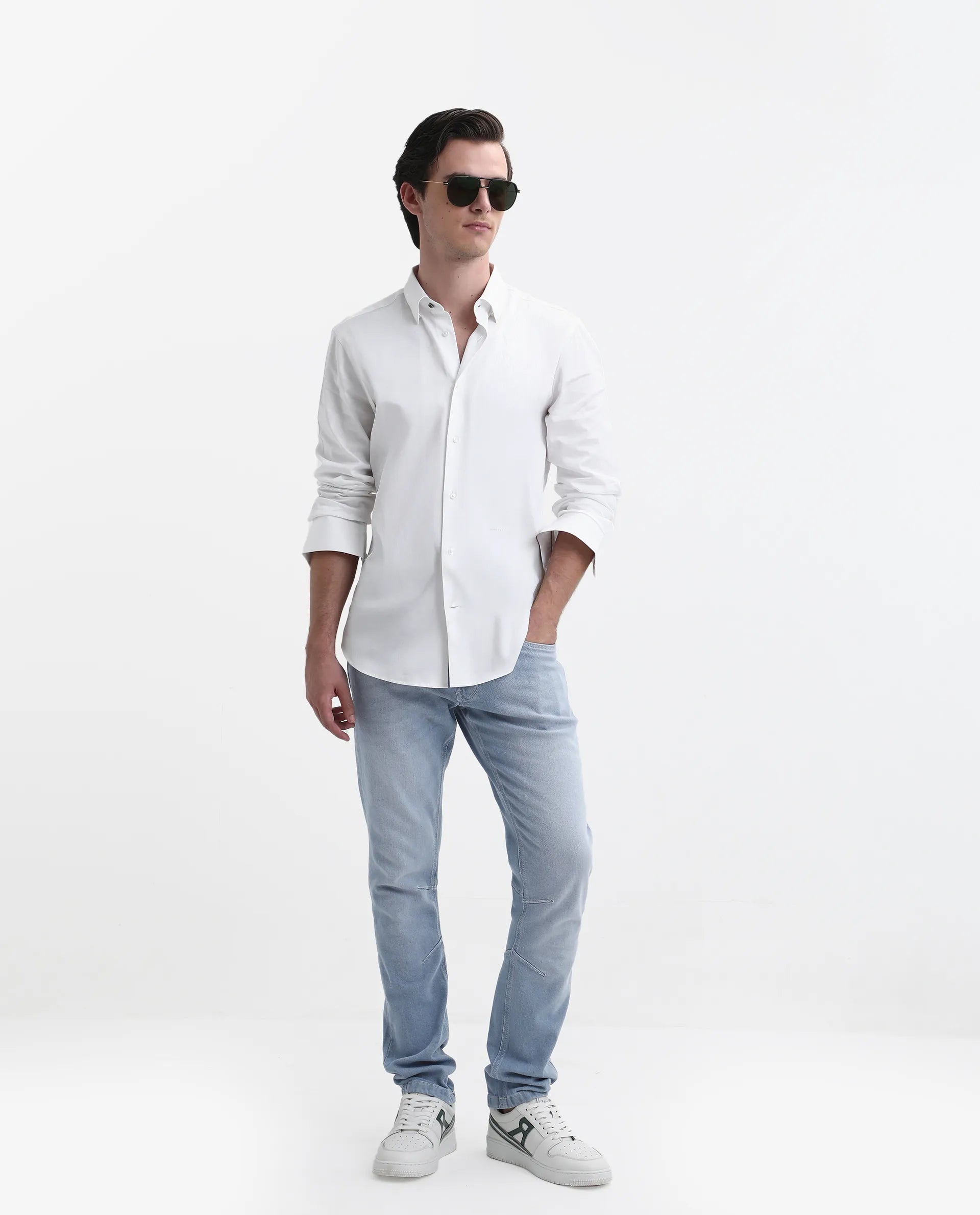 Rare Rabbit Men's Omir-1 Light Blue Cotton Blend Plain Morris Regular Fit Jeans