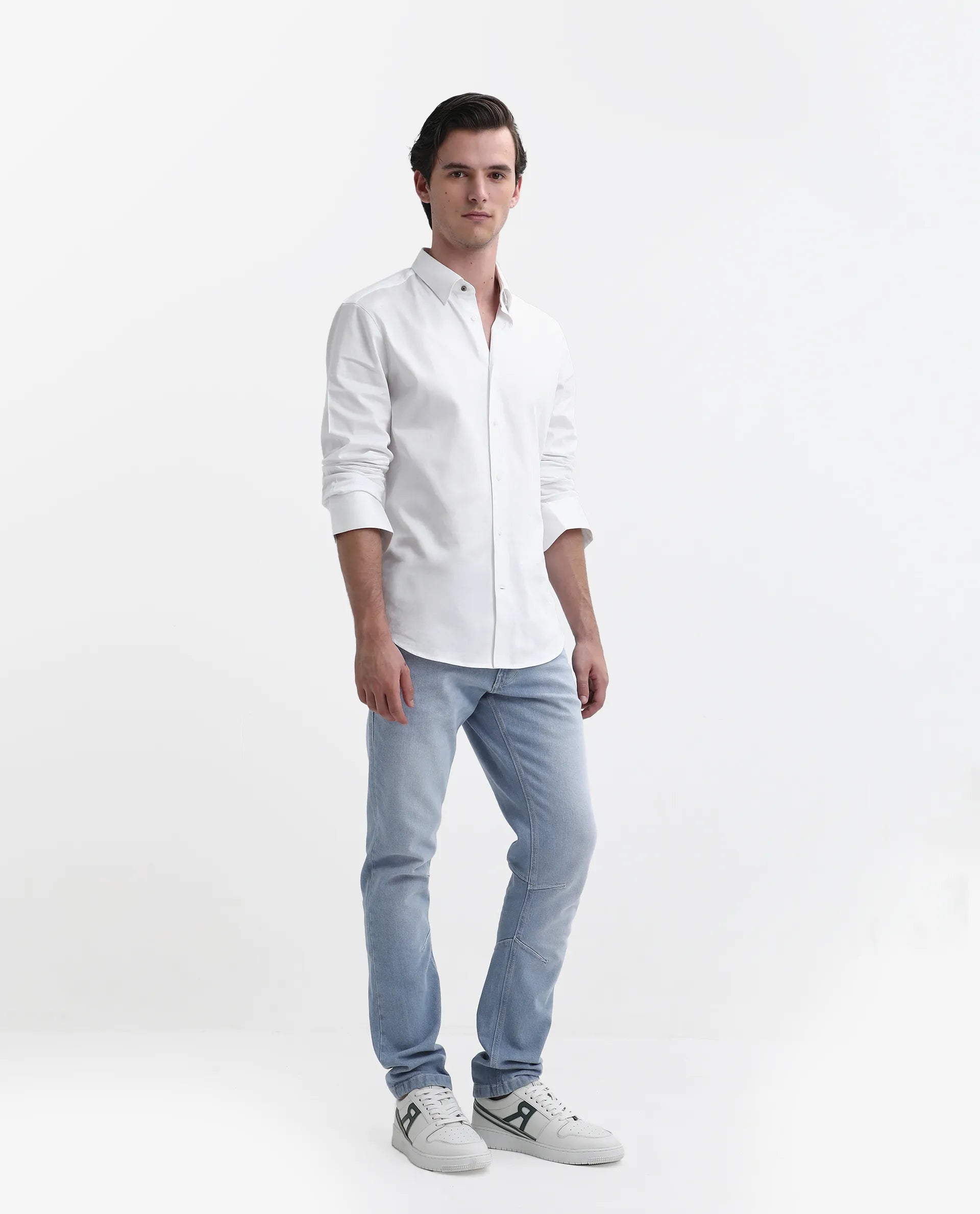 Rare Rabbit Men's Omir-1 Light Blue Cotton Blend Plain Morris Regular Fit Jeans