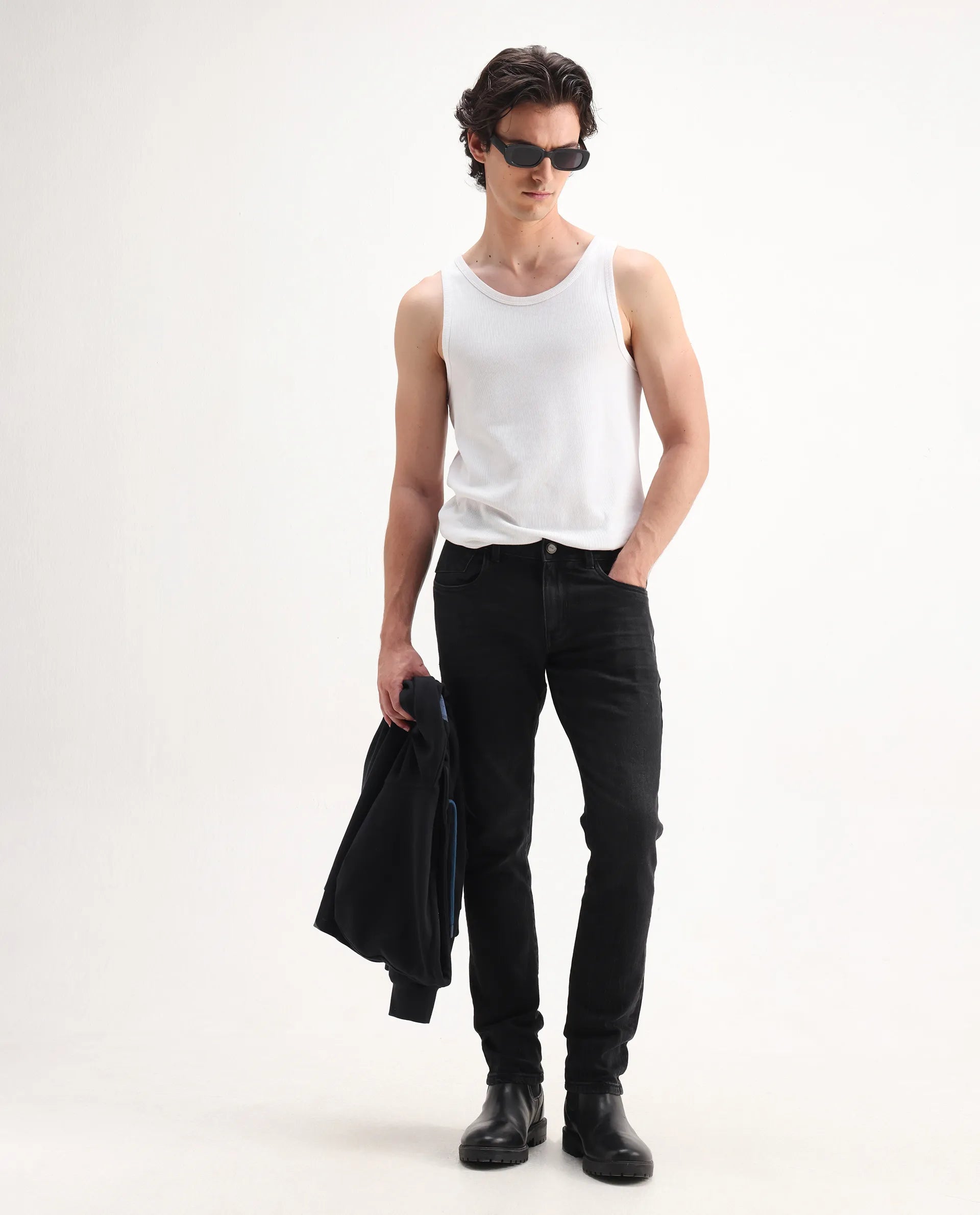 Rare Rabbit Men's Omiros Black Cotton Blend Plain Hawk Slim Fit Jeans