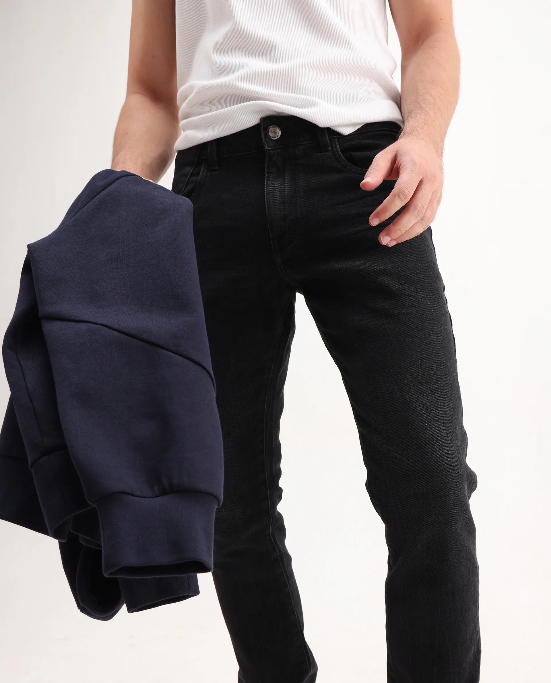 Rare Rabbit Men's Omiros Black Cotton Blend Plain Hawk Slim Fit Jeans