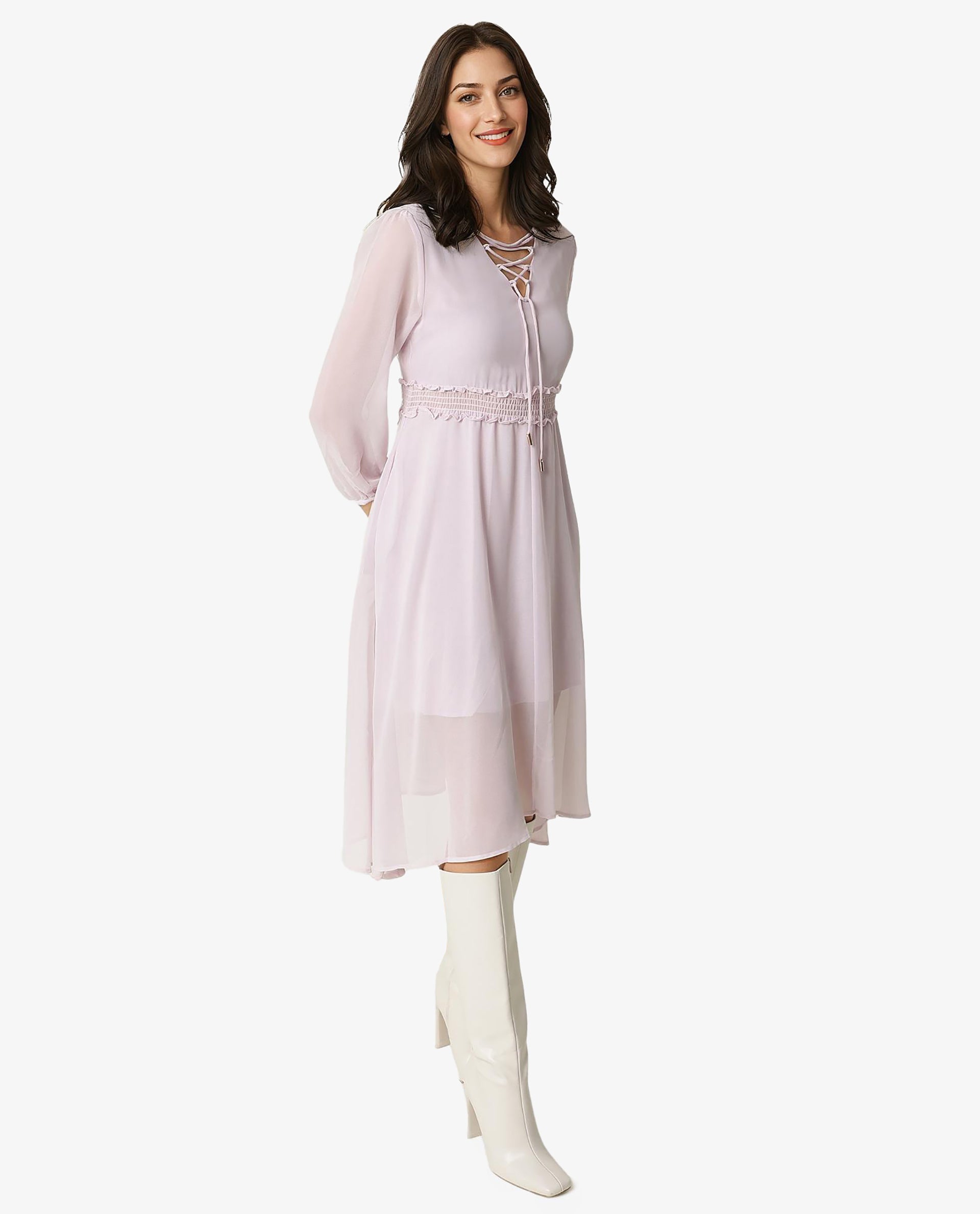 Rareism Women Ommet Purple V Neck Criss Cross Tie Up Neckline Full Sleeve Smocked Waist Panel Asymmetric Knee Length Dress