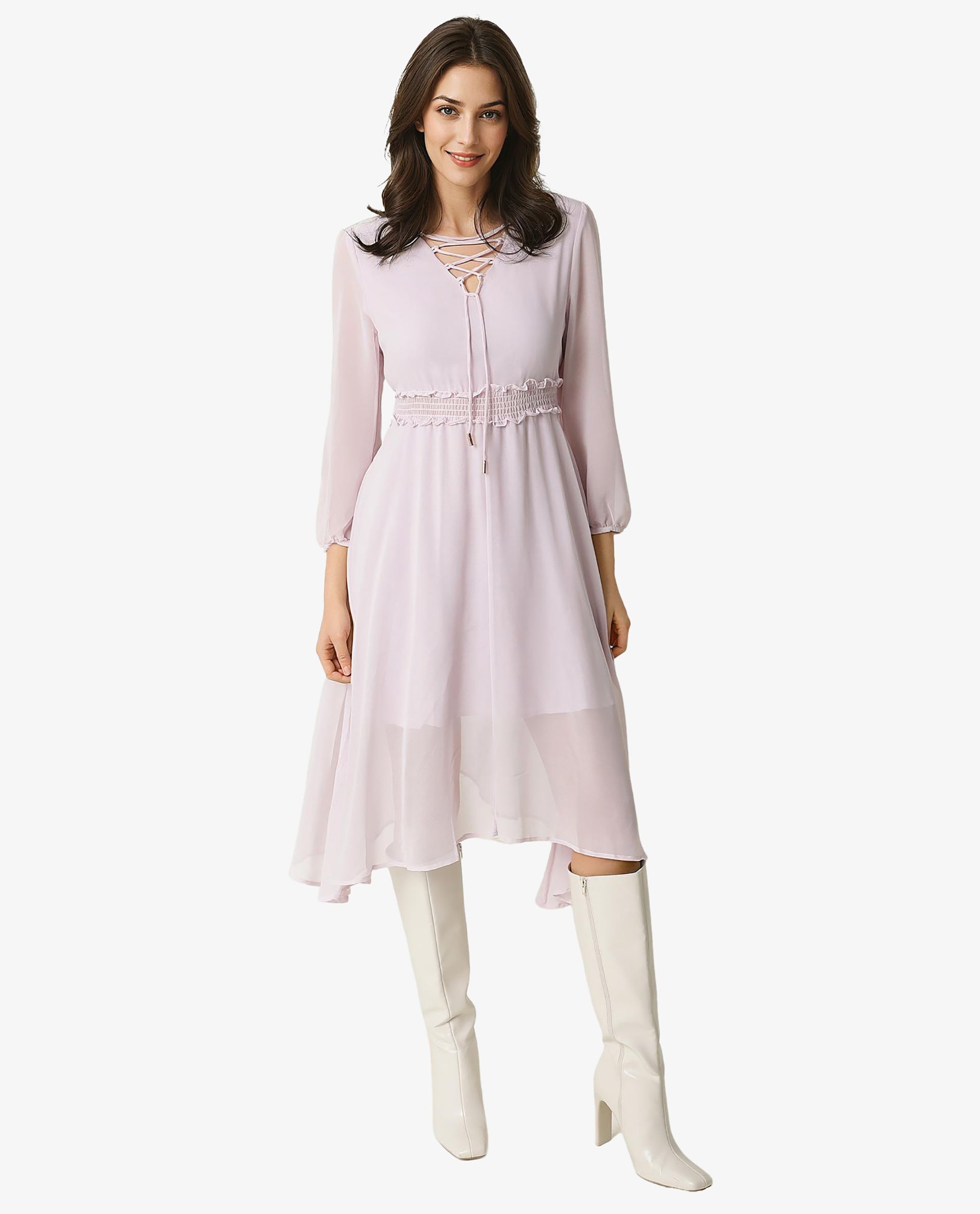 Rareism Women Ommet Purple V Neck Criss Cross Tie Up Neckline Full Sleeve Smocked Waist Panel Asymmetric Knee Length Dress