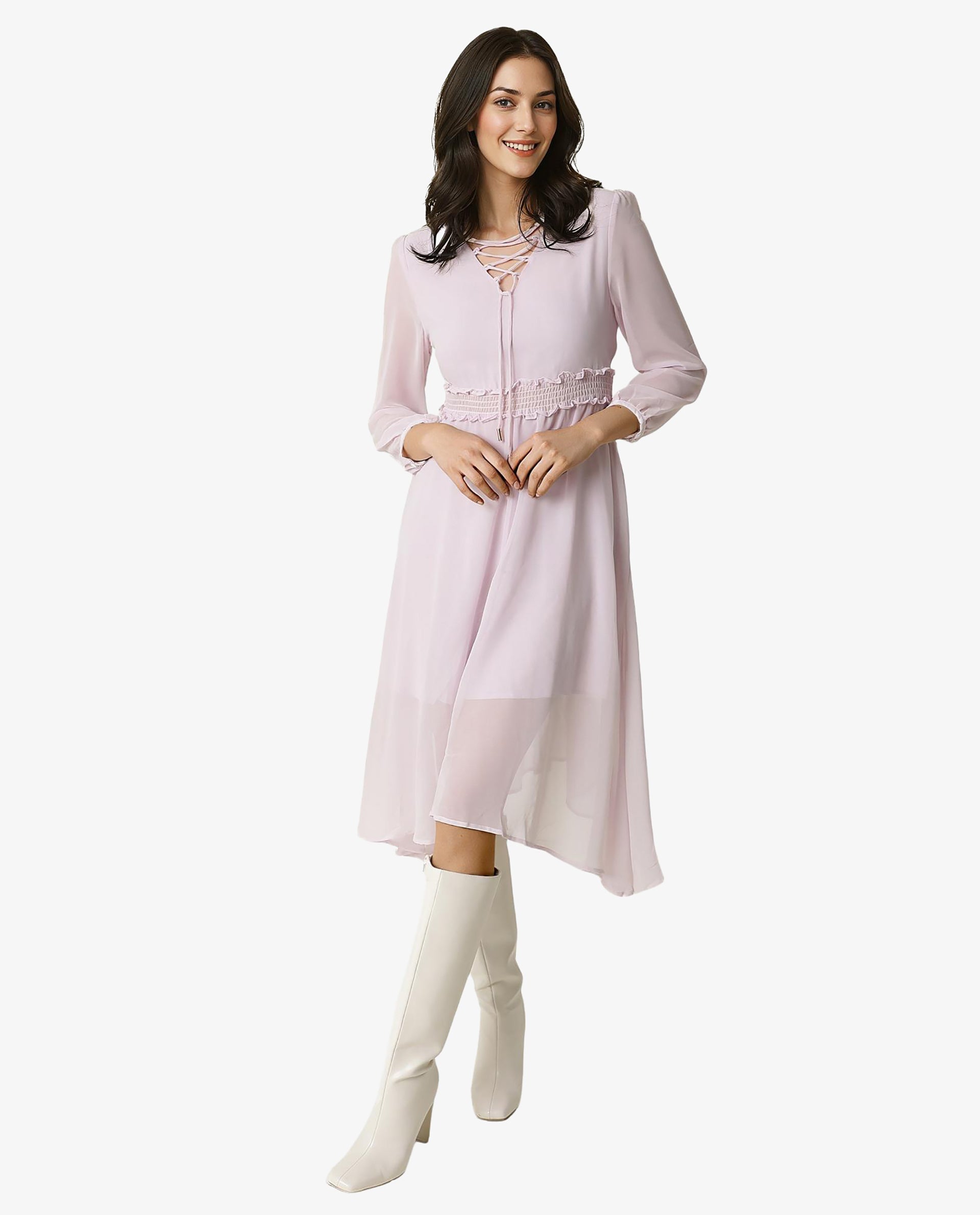 Rareism Women Ommet Purple V Neck Criss Cross Tie Up Neckline Full Sleeve Smocked Waist Panel Asymmetric Knee Length Dress