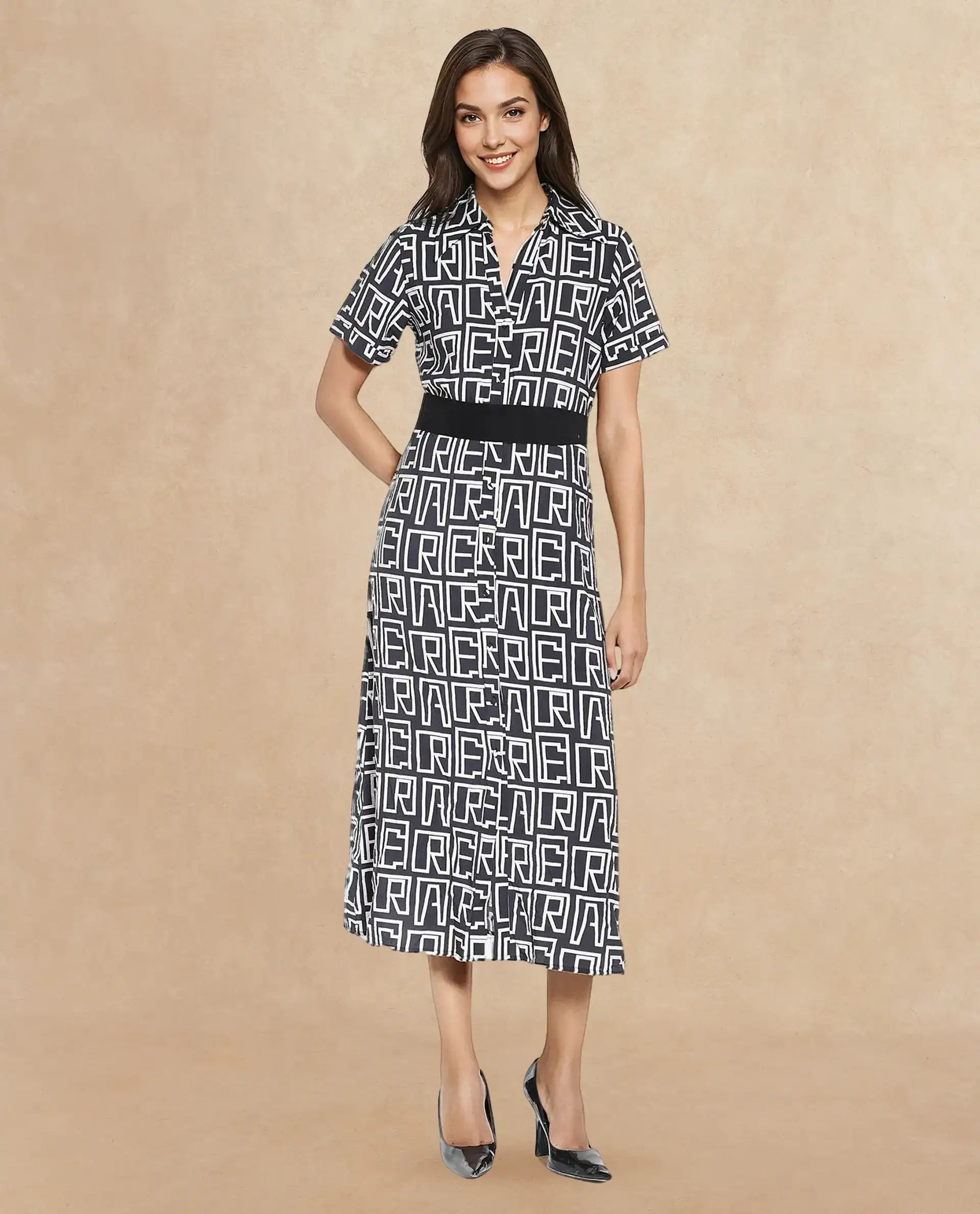 Rareism Women's Onia Black Nylon Blend Drop Collar Monogram Print Maxi Regular Fit Dress