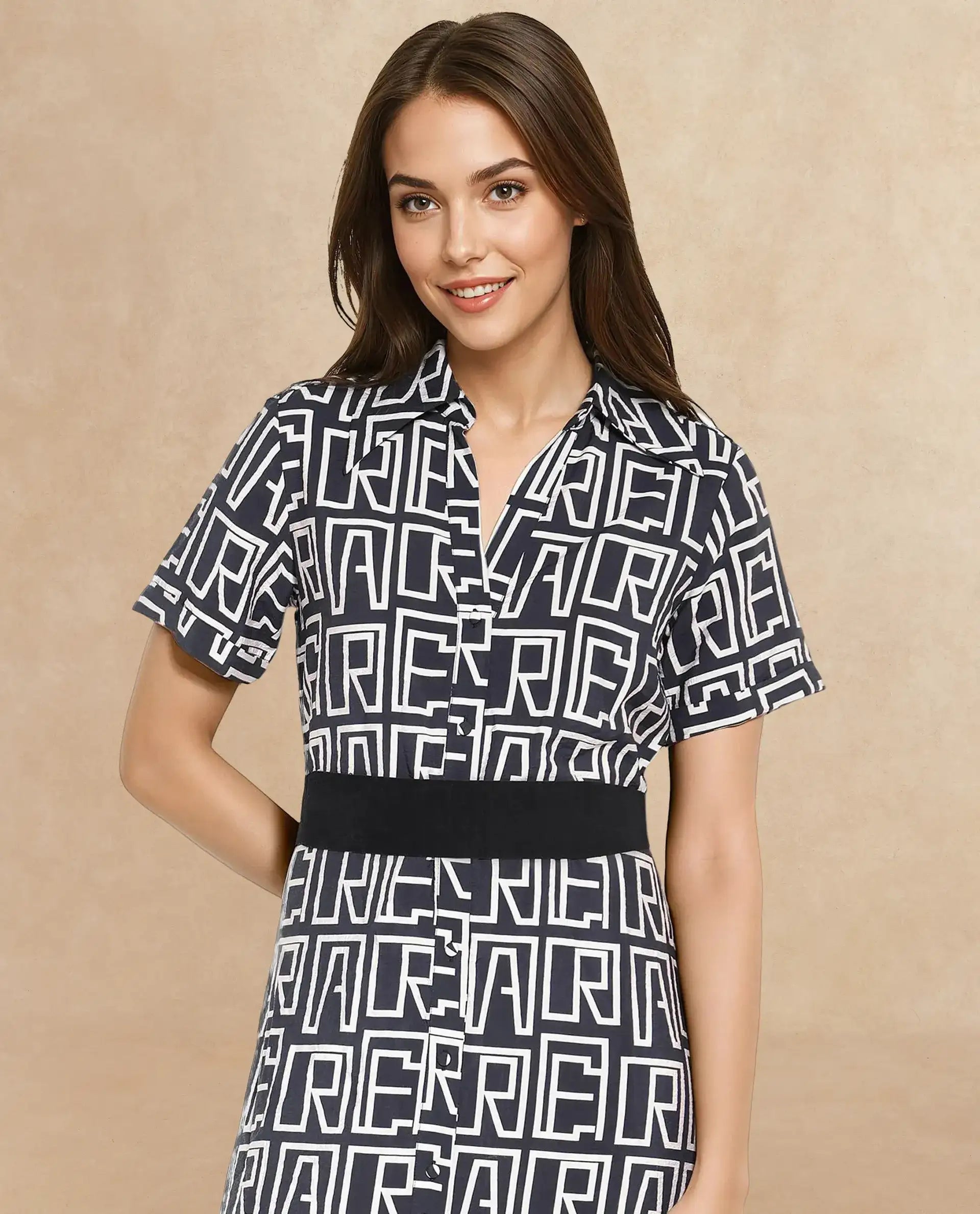 Rareism Women's Onia Black Nylon Blend Drop Collar Monogram Print Maxi Regular Fit Dress