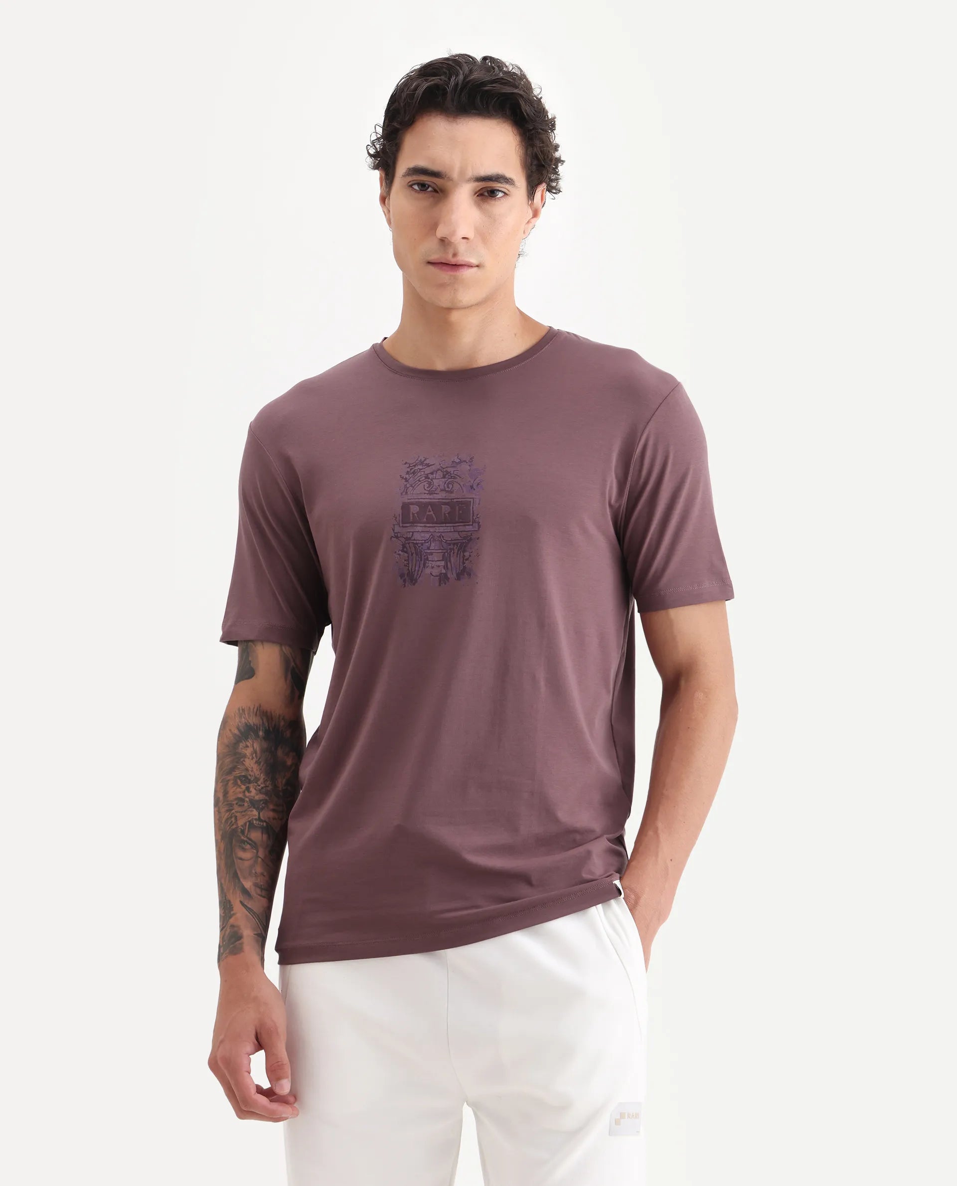 Rare Rabbit Men's Onic Dusky Pink Cotton Blend Graphic Print Regular Fit Half Sleeve Crew Neck T-Shirt