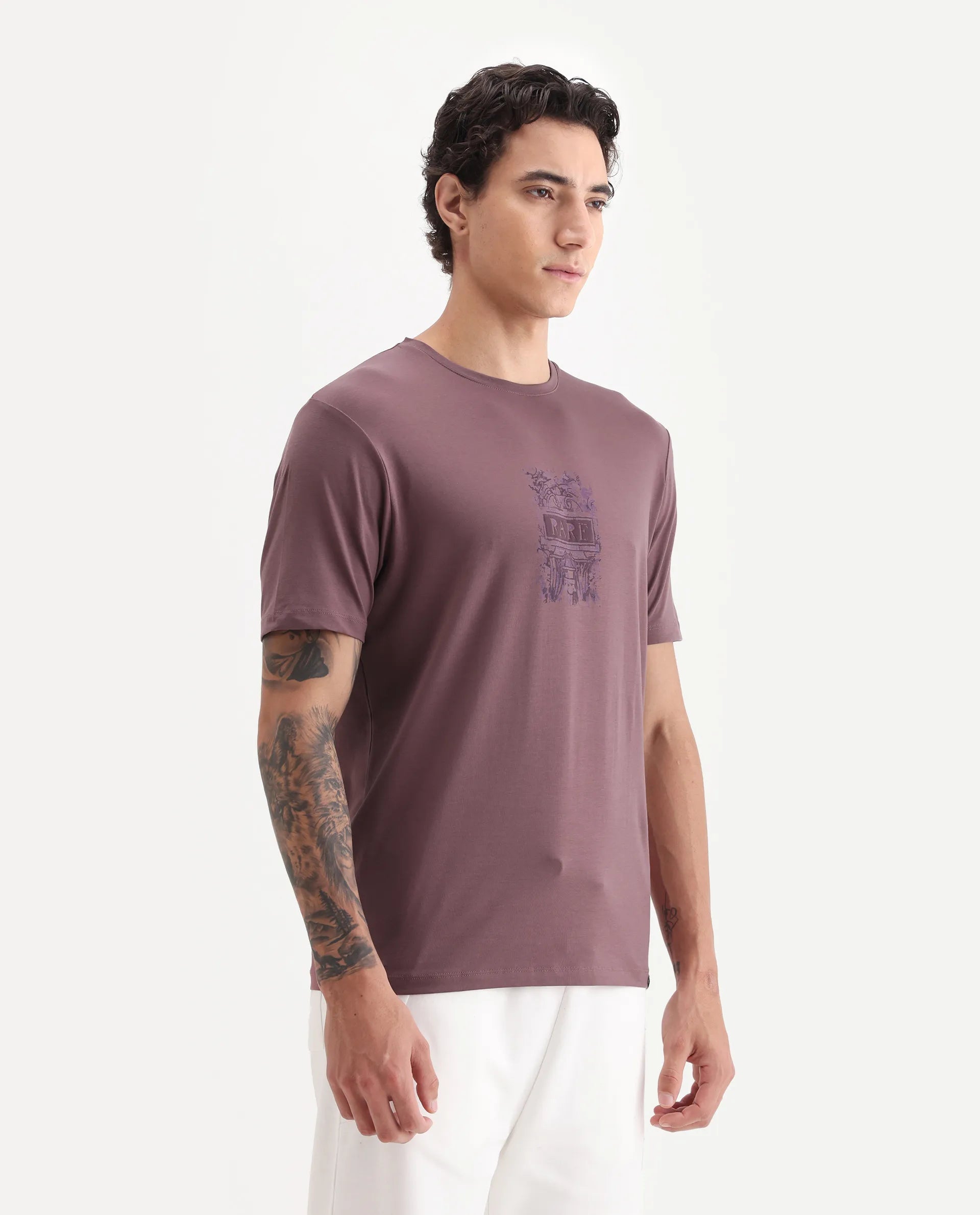 Rare Rabbit Men's Onic Dusky Pink Cotton Blend Graphic Print Regular Fit Half Sleeve Crew Neck T-Shirt