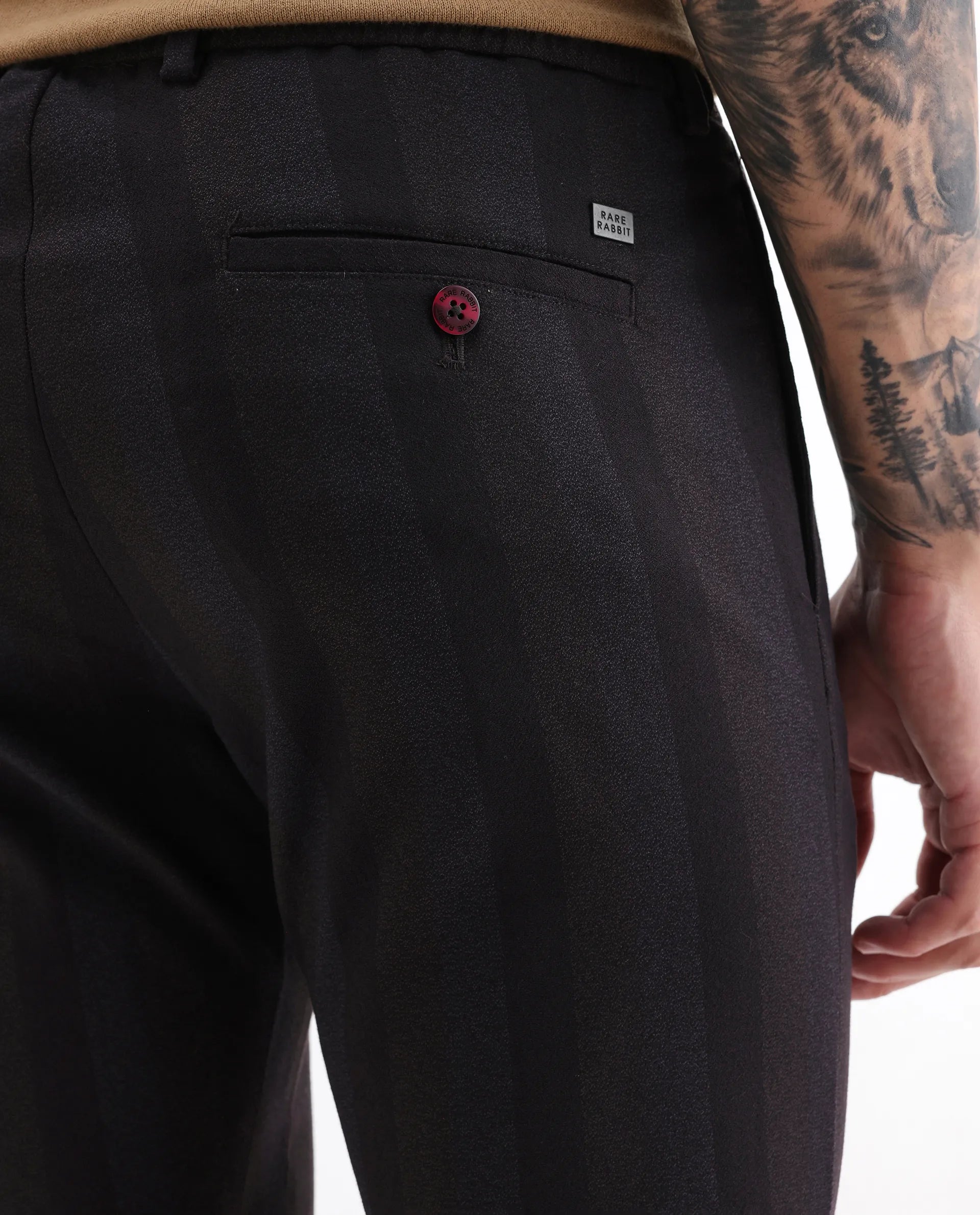 Rare Rabbit Men's Onio Maroon Polyester Striped Print Regular Fit Trouser