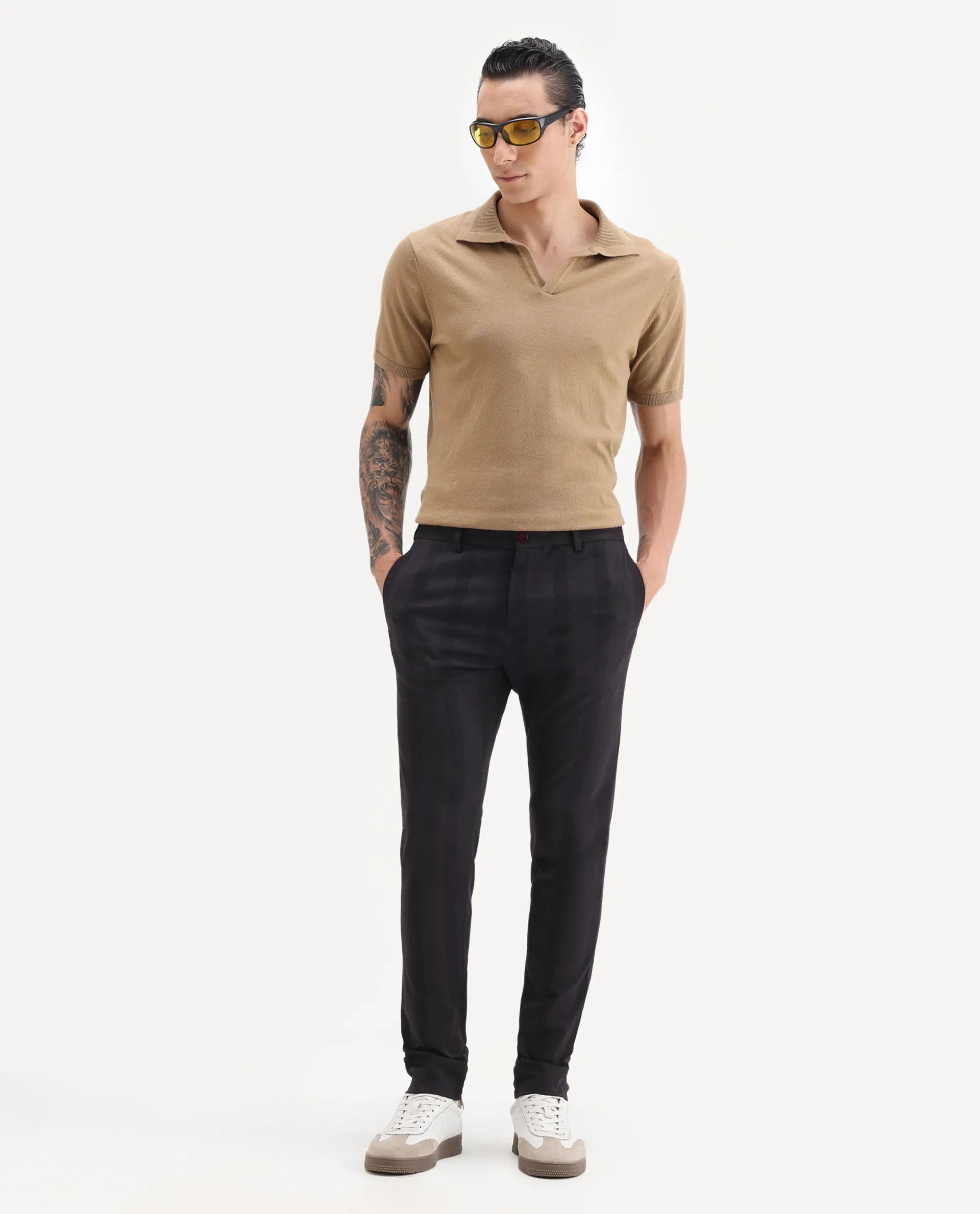 Rare Rabbit Men's Onio Maroon Polyester Striped Print Regular Fit Trouser