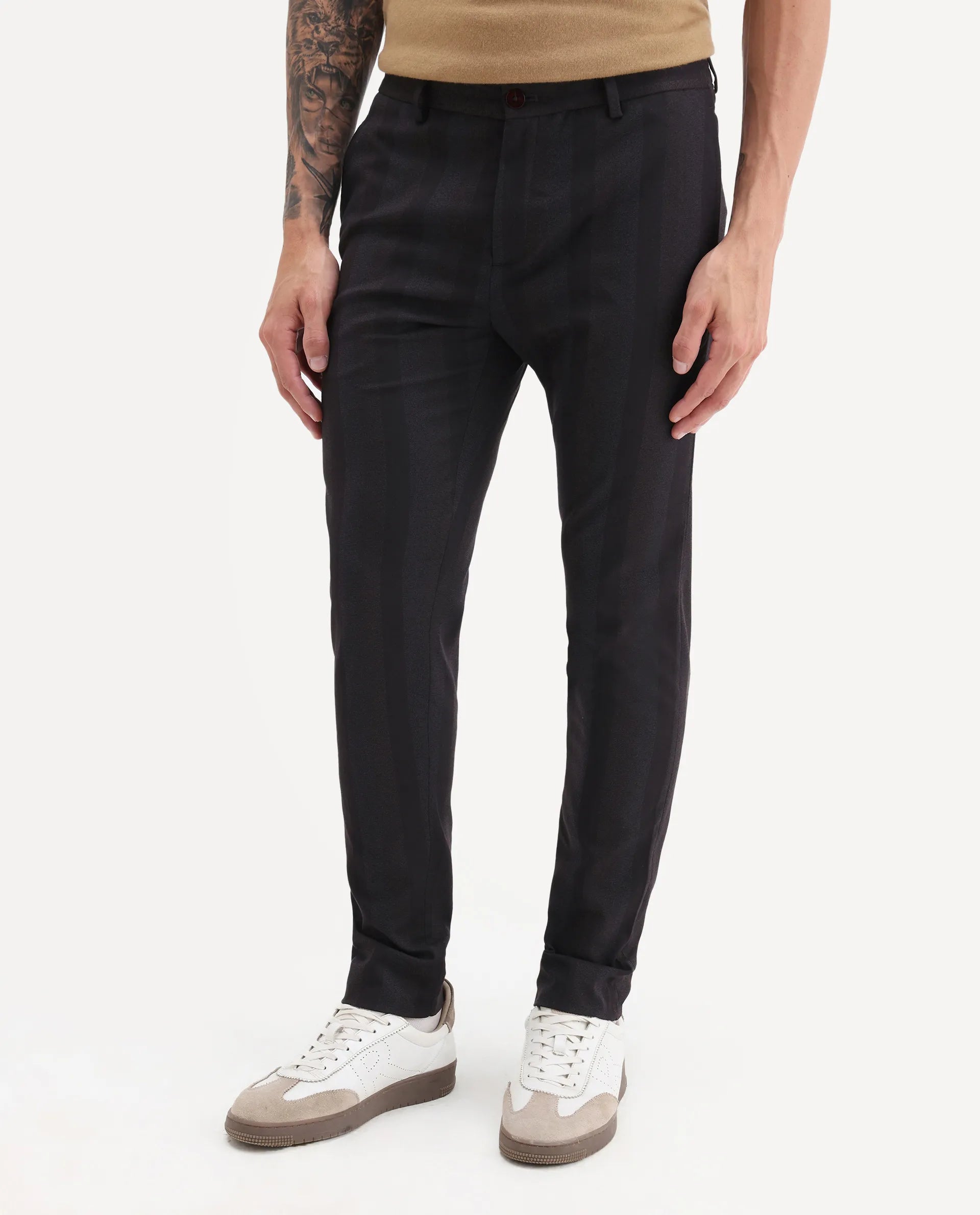 Rare Rabbit Men's Onio Maroon Polyester Striped Print Regular Fit Trouser