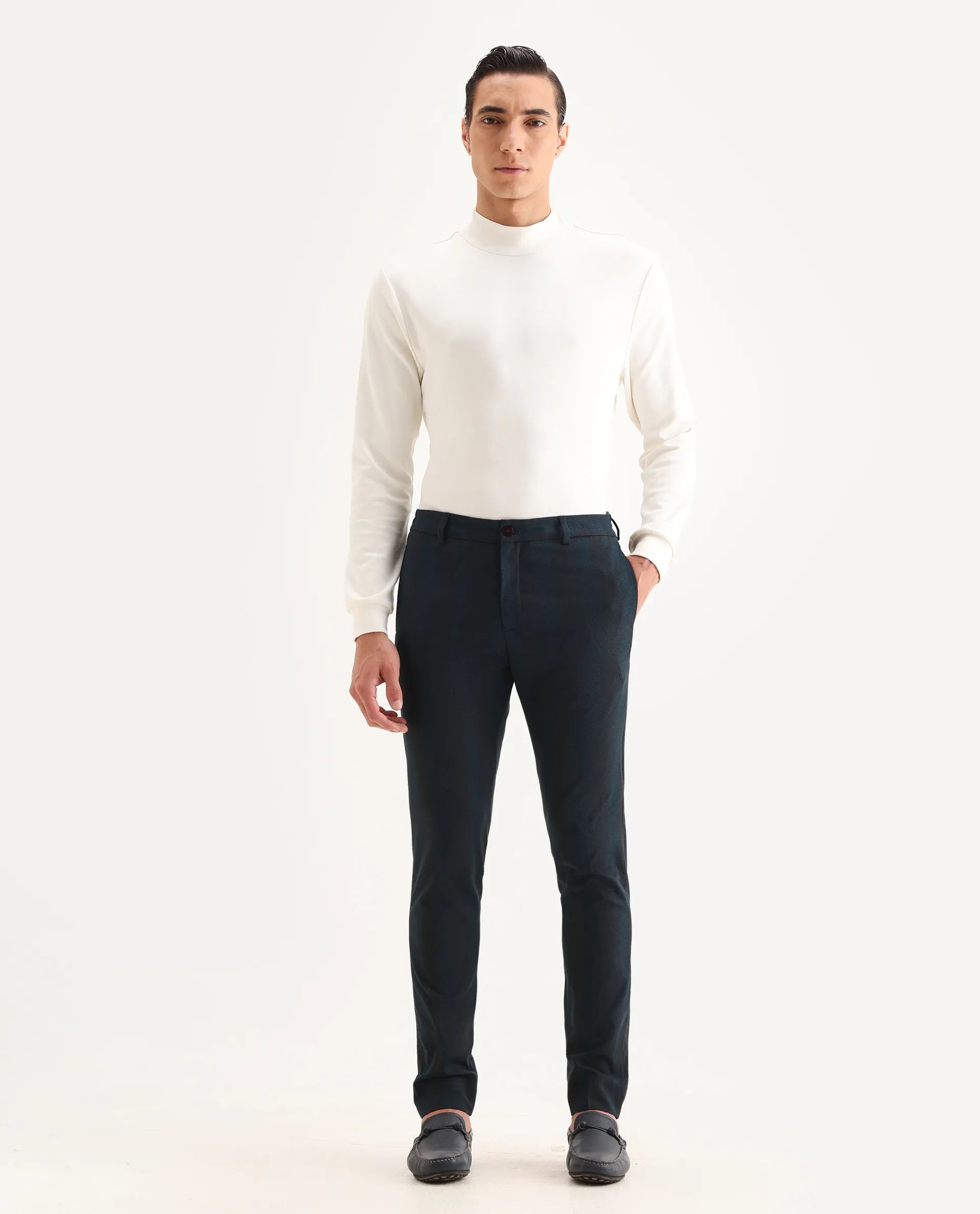 Rare Rabbit Men's Onio Petrol Plain Regular Fit Trouser