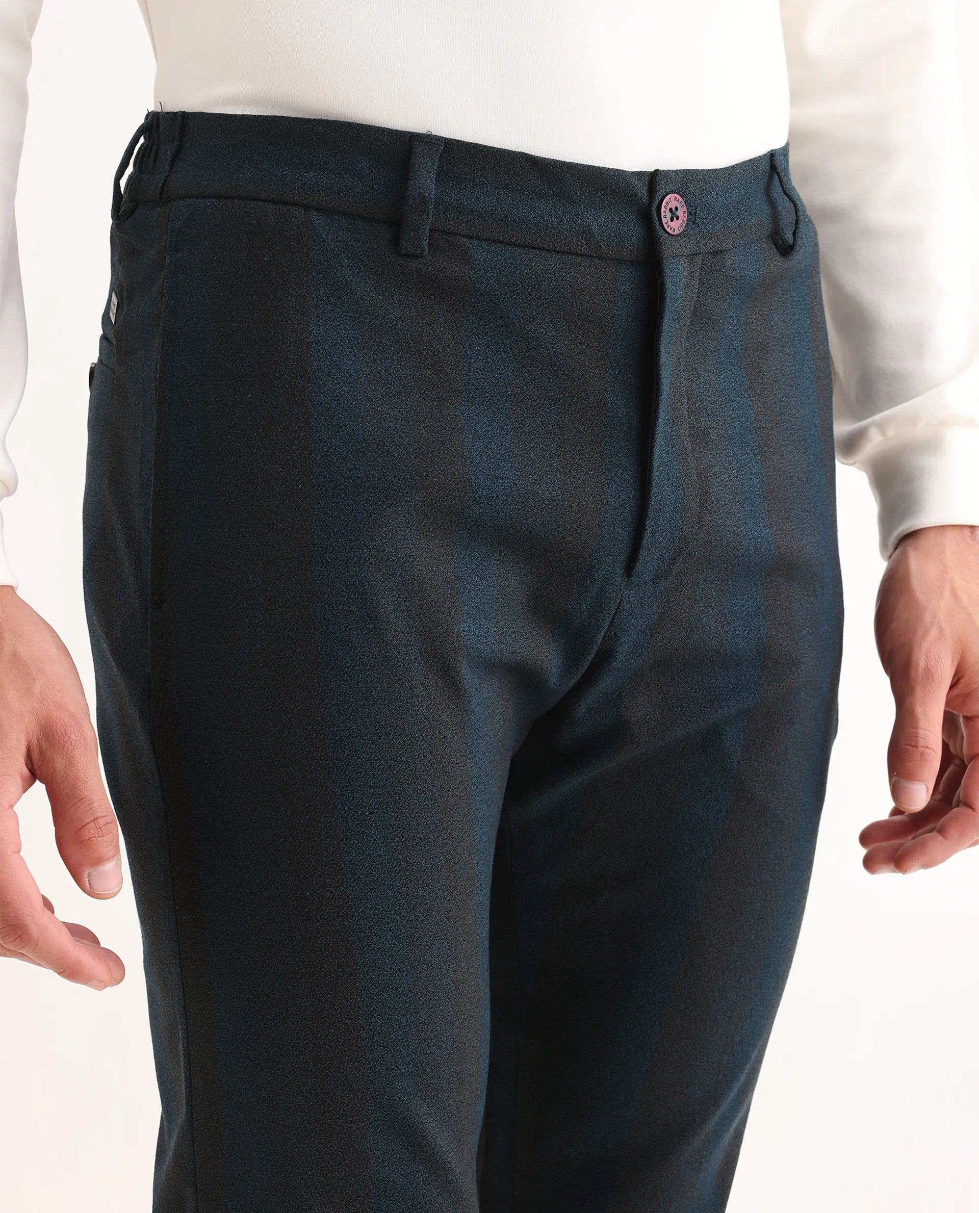 Rare Rabbit Men's Onio Petrol Plain Regular Fit Trouser