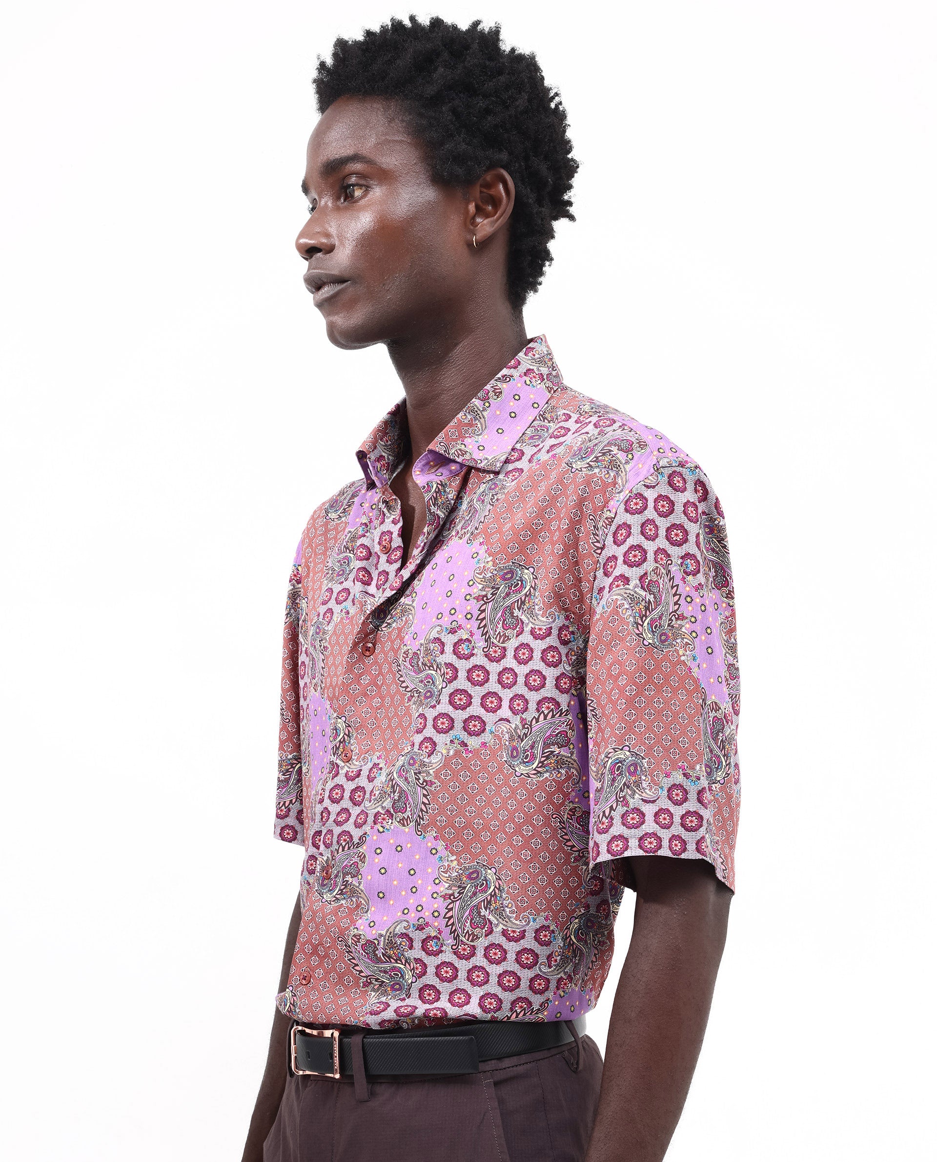 Rare Rabbit Men's Onslo SS Brown Viscose Fabric Short Sleeves Boxy Fit Abstract Botanical Print Shirt