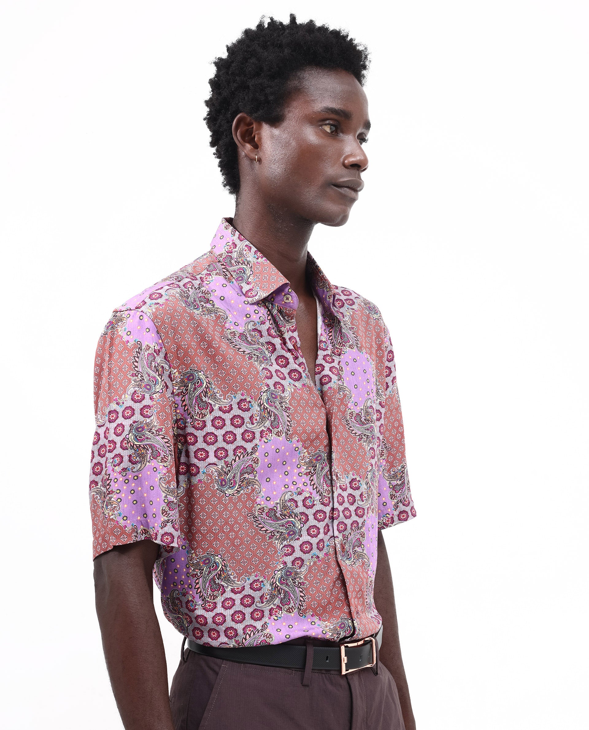 Rare Rabbit Men's Onslo SS Brown Viscose Fabric Short Sleeves Boxy Fit Abstract Botanical Print Shirt