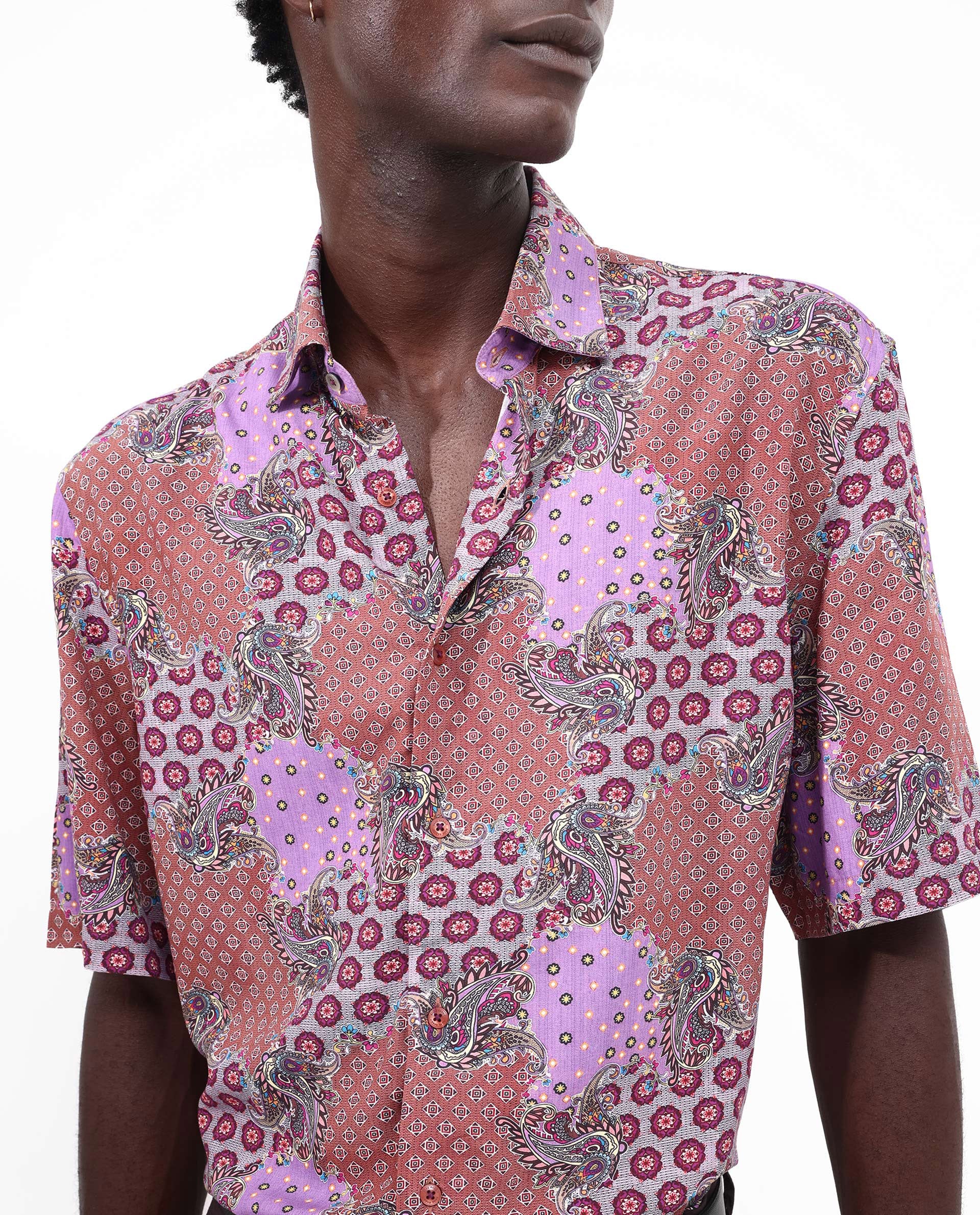 Rare Rabbit Men's Onslo SS Brown Viscose Fabric Short Sleeves Boxy Fit Abstract Botanical Print Shirt