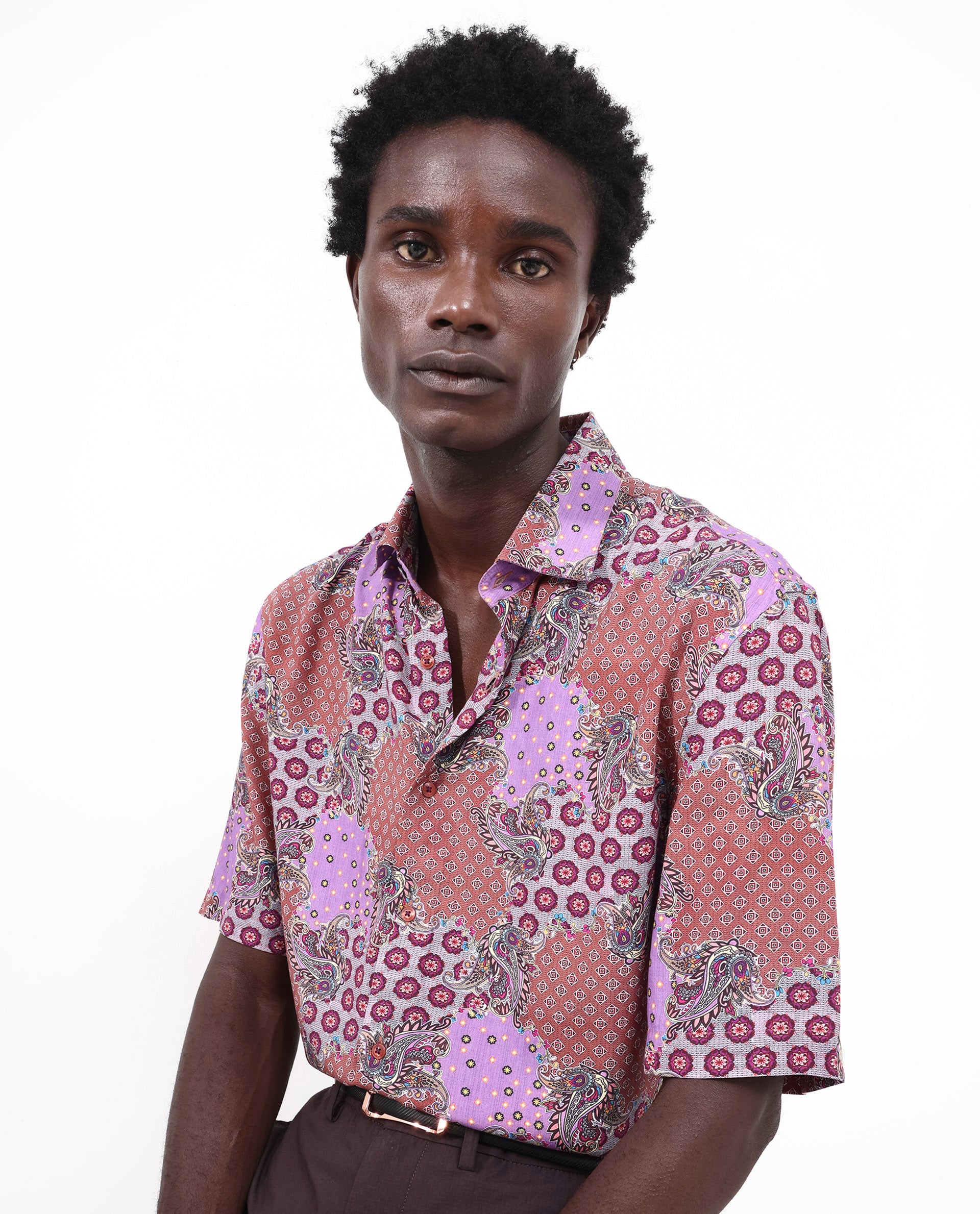 Rare Rabbit Men's Onslo SS Brown Viscose Fabric Short Sleeves Boxy Fit Abstract Botanical Print Shirt