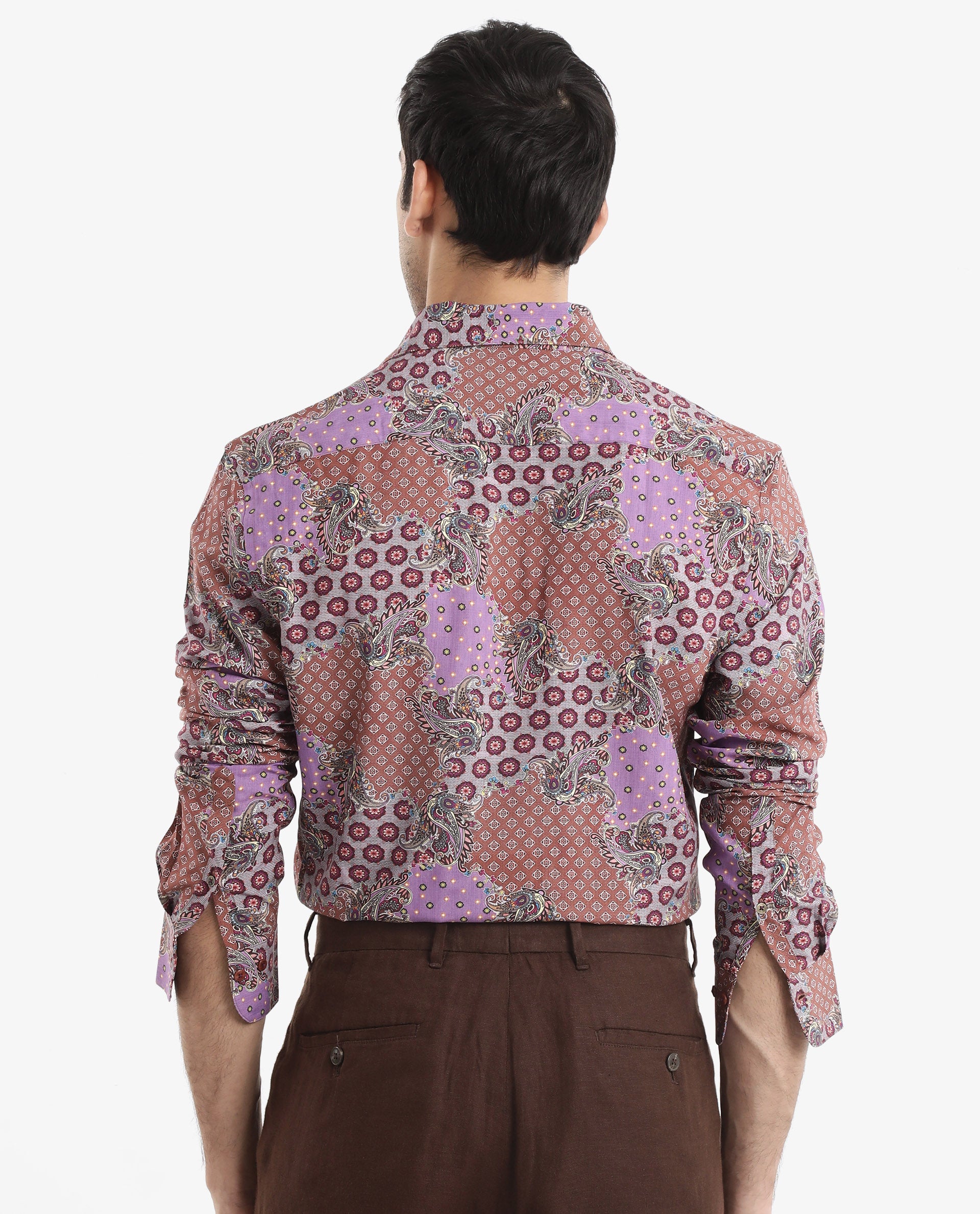 Rare Rabbit Men's Onslo LS Brown Viscose Fabric Full Sleeves Regular Fit Abstract Botanical Print Shirt