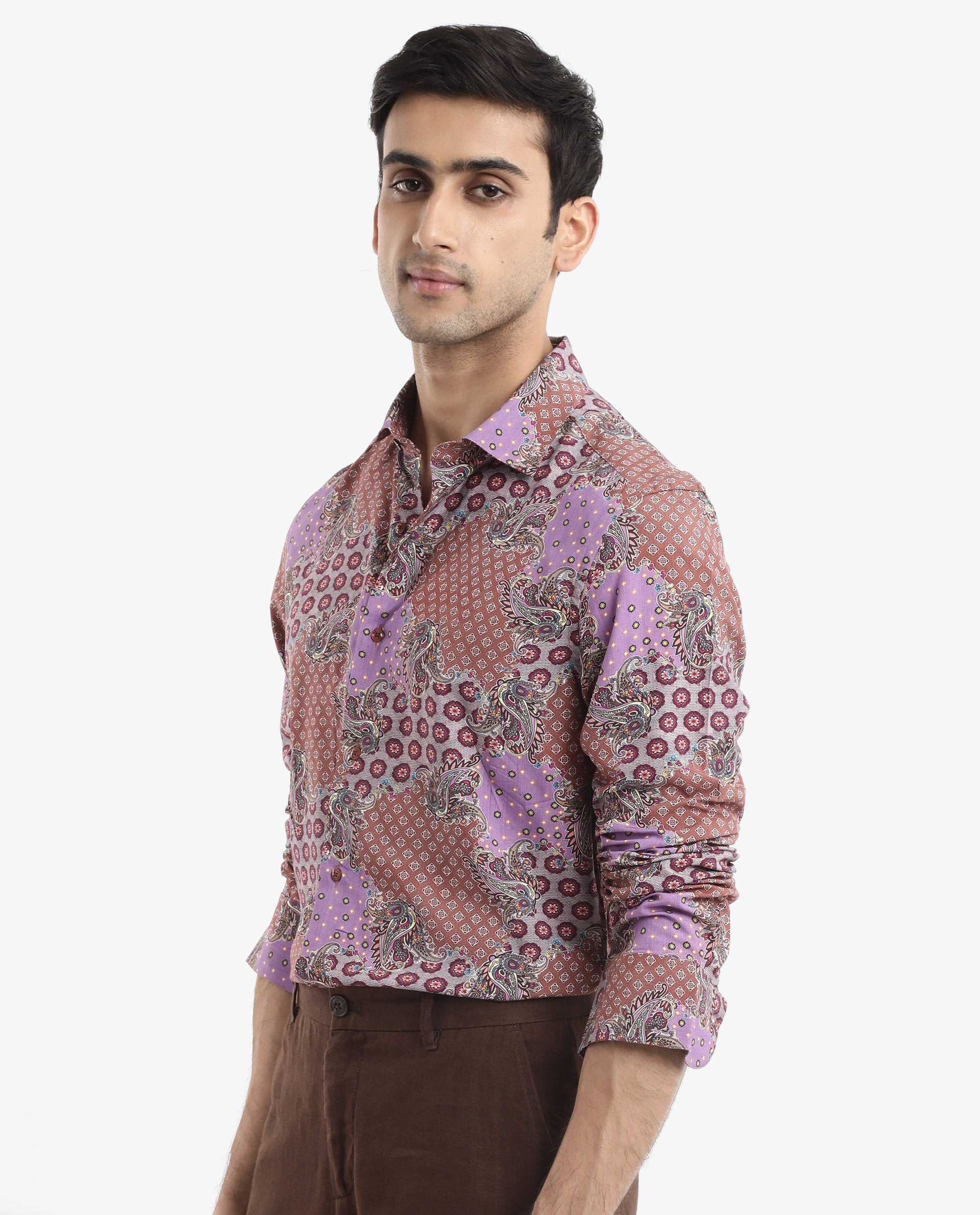 Rare Rabbit Men's Onslo LS Brown Viscose Fabric Full Sleeves Regular Fit Abstract Botanical Print Shirt