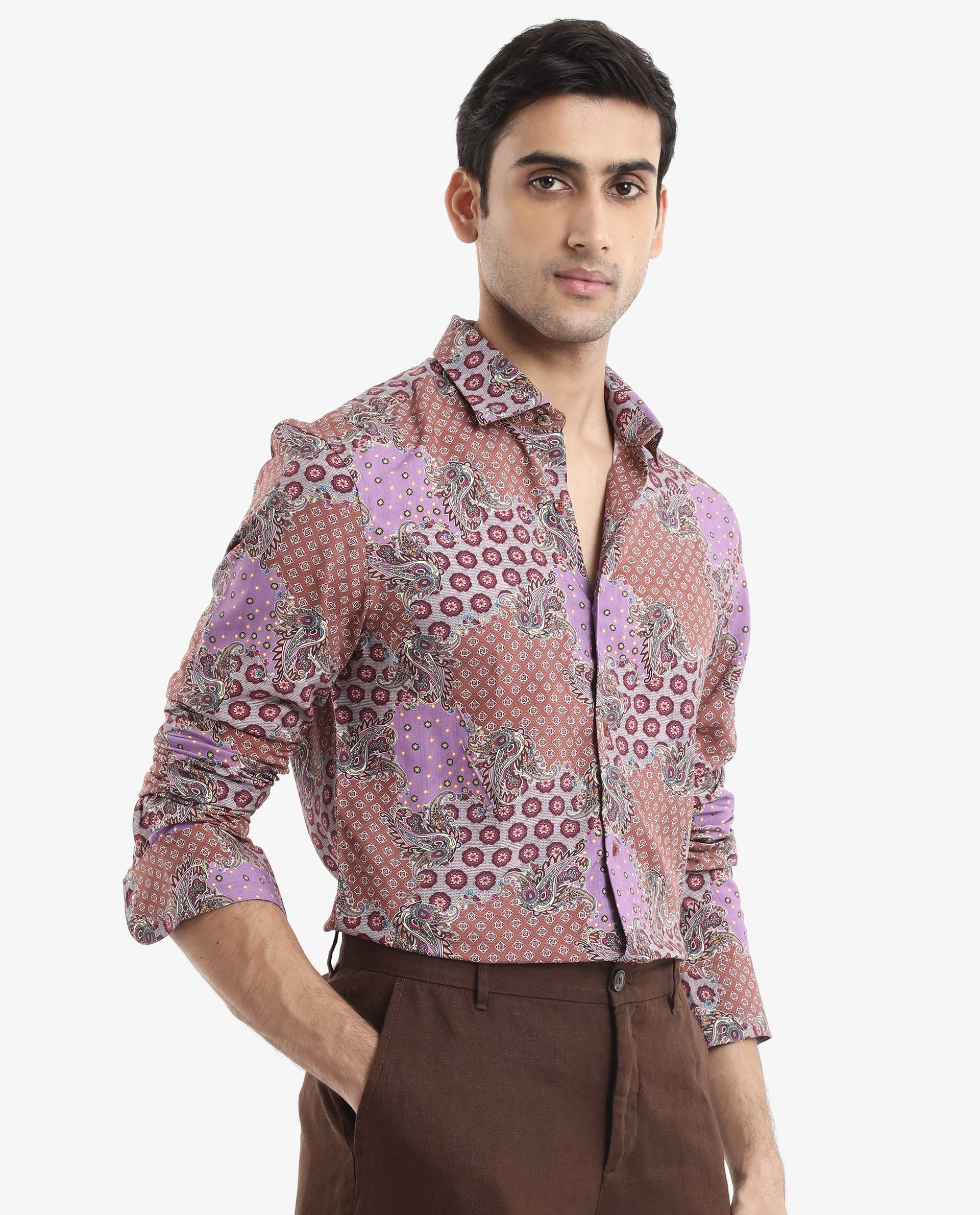 Rare Rabbit Men's Onslo LS Brown Viscose Fabric Full Sleeves Regular Fit Abstract Botanical Print Shirt