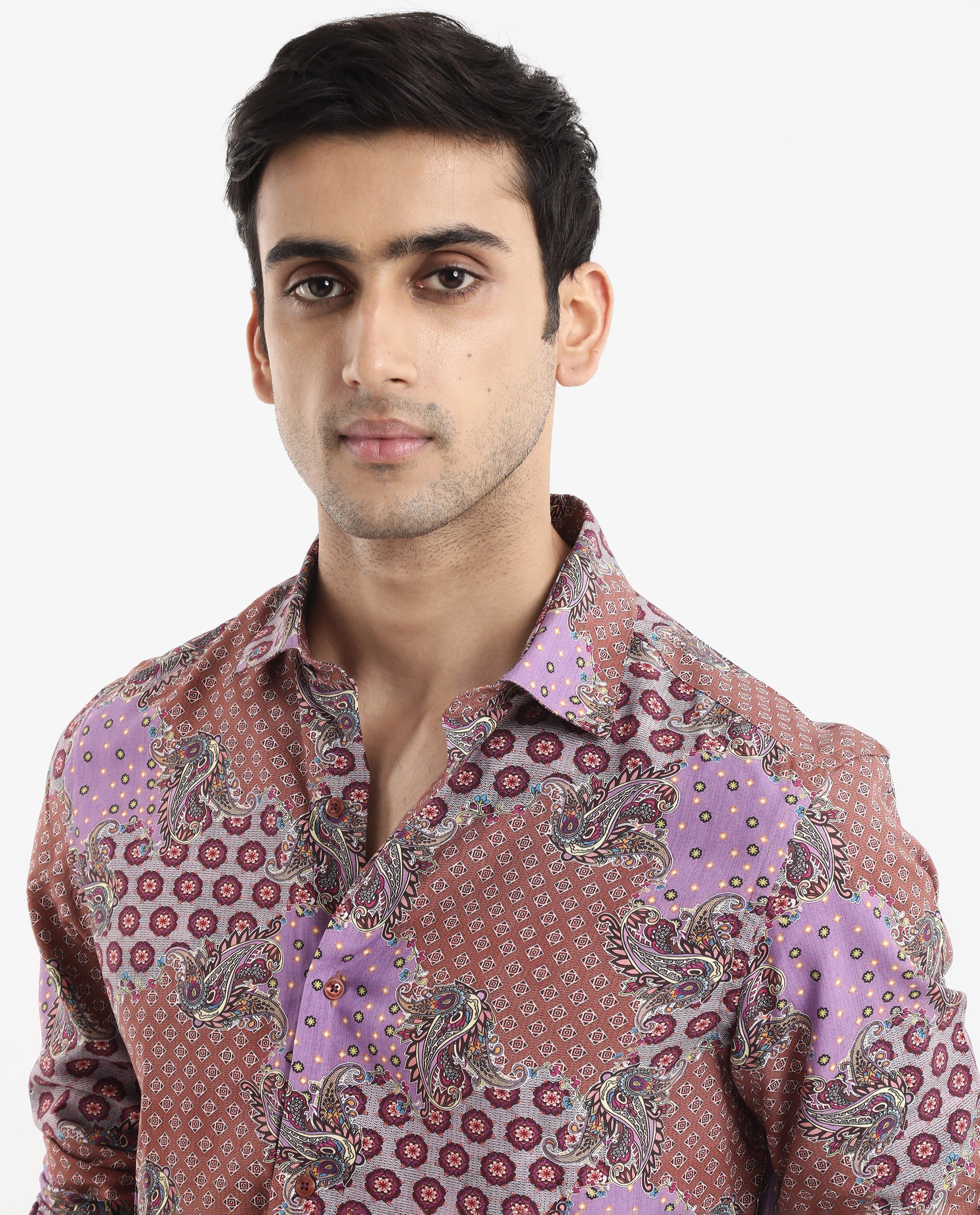 Rare Rabbit Men's Onslo LS Brown Viscose Fabric Full Sleeves Regular Fit Abstract Botanical Print Shirt