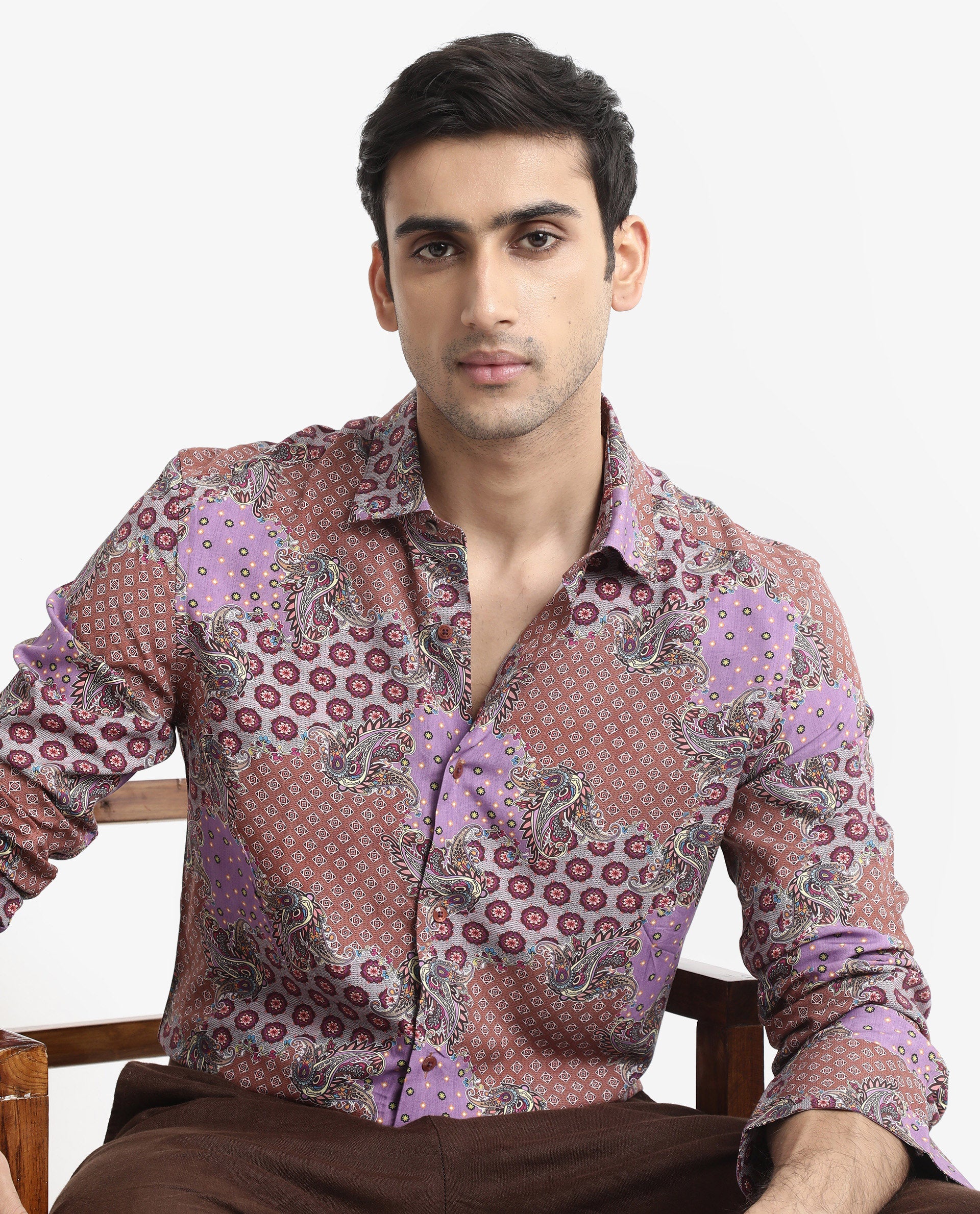 Rare Rabbit Men's Onslo LS Brown Viscose Fabric Full Sleeves Regular Fit Abstract Botanical Print Shirt