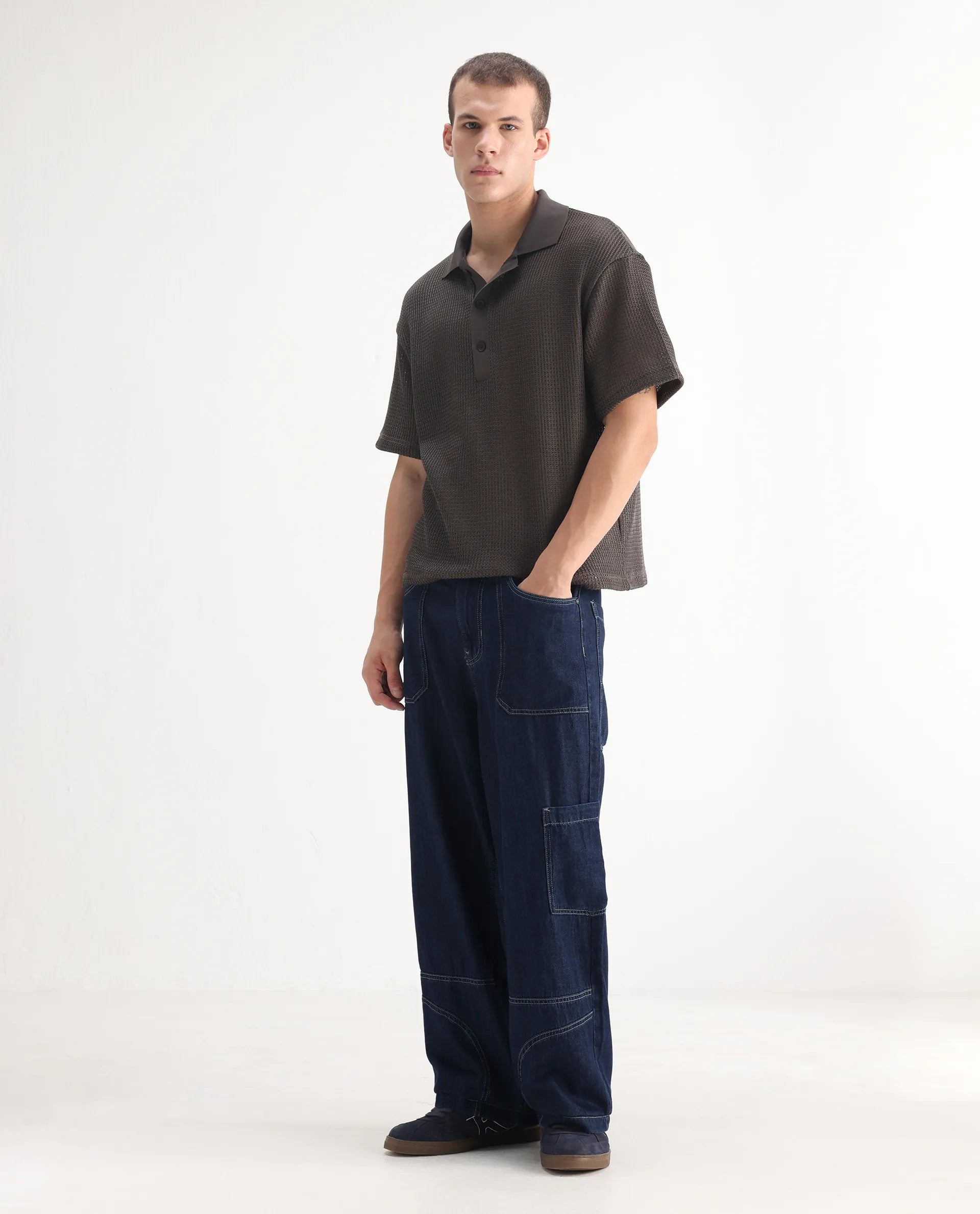 Rare Rabbit Men's Onyx Dark Blue Cotton Blend Plain Baggy Fit Jeans