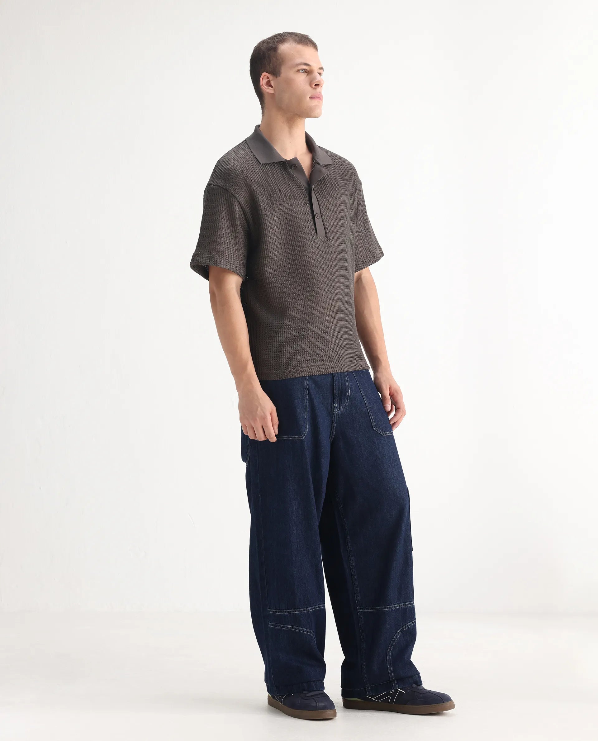 Rare Rabbit Men's Onyx Dark Blue Cotton Blend Plain Baggy Fit Jeans